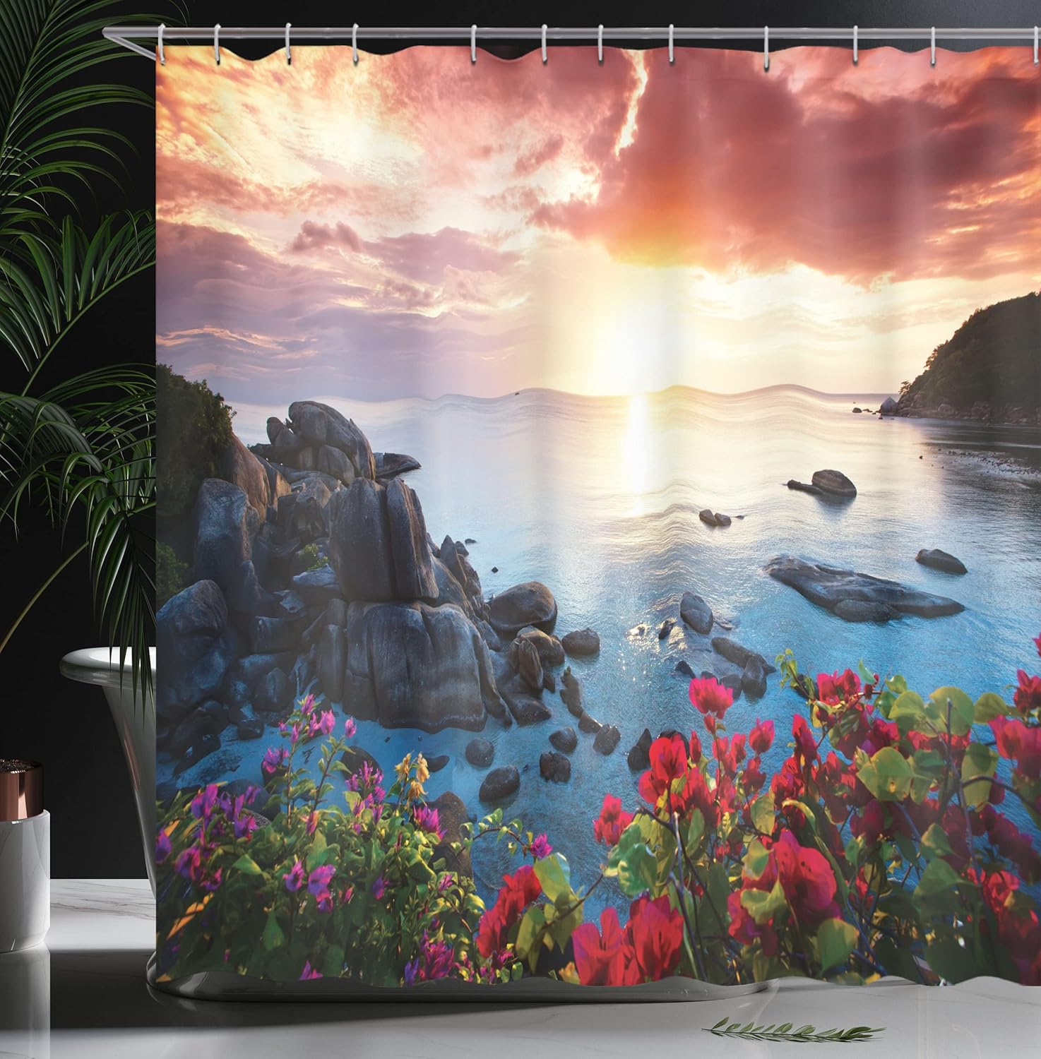 Ambesonne Beach Shower Curtain, Poppy and Carnation Blossoms Spring Season Seascape Tranquil Thailand Beach Image, Cloth Fabric Bathroom Decor Set with Hooks, 69" W x 70" L, Multicolor