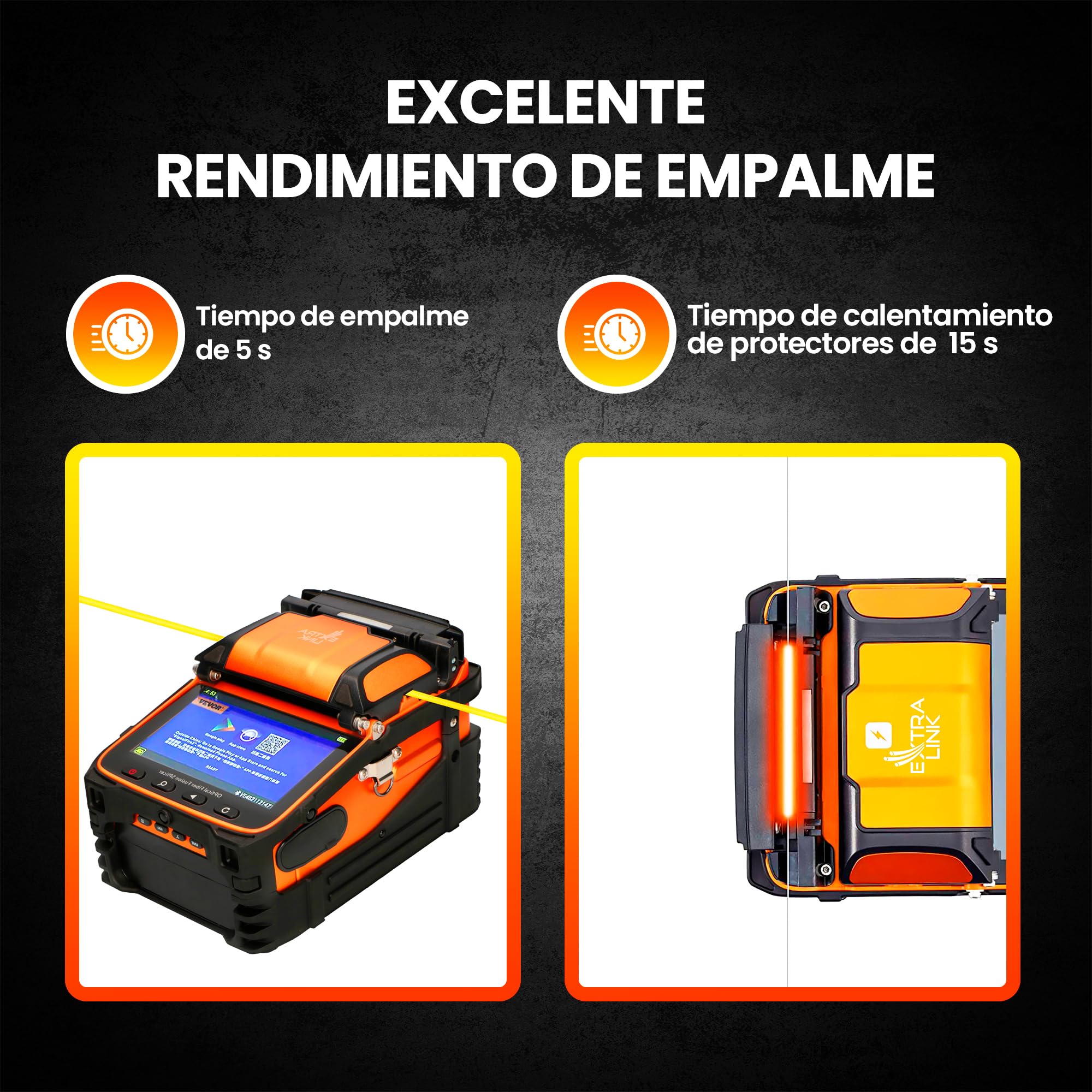 EXTRALINK Fusionadora de Fibra Óptica – Máquina de Fusión con 6 Motores, Batería 7800mAh, LCD 5,1" con Zoom 300x, App, Empalme 6s & Calentamiento 15s, Equipo Automático para FTTH, LAN – Kit Completo