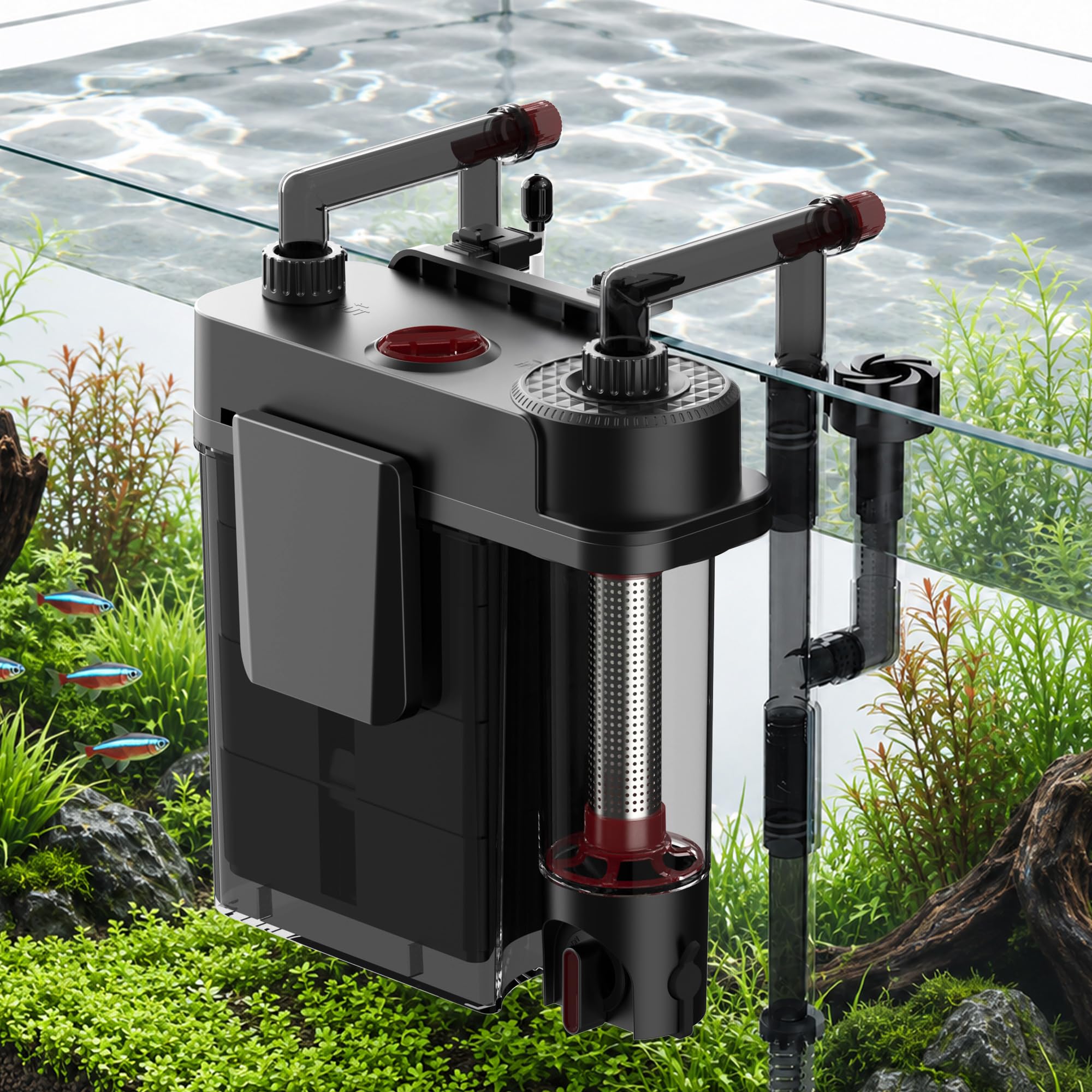 AQUASMITH Filtro de acuario para colgar en la parte posterior, filtro silencioso para pecera con recipiente de separación de residuos dedicado, agua de fácil cambio, filtración de 4 etapas, drenaje de