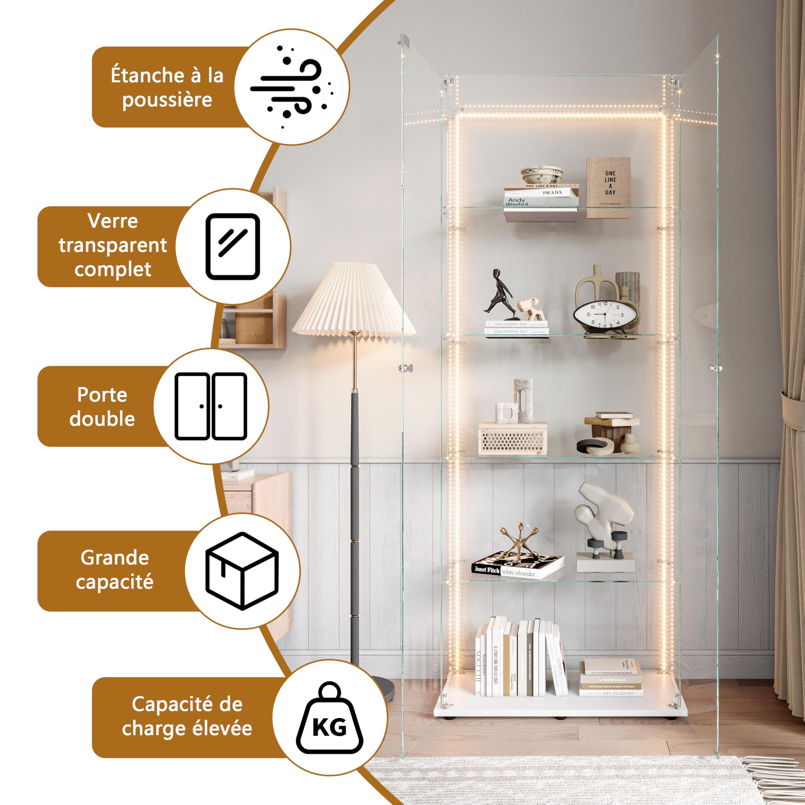 Vitrina de Cristal Expositor con LED y Cerradura, Vitrinas de pie de Cristal con 5 Estantes Ajustables y 2 Puertas, Armario Vitrina Moderne para Colección Armario de Pie de Cristal(Blanco,81x37x183)