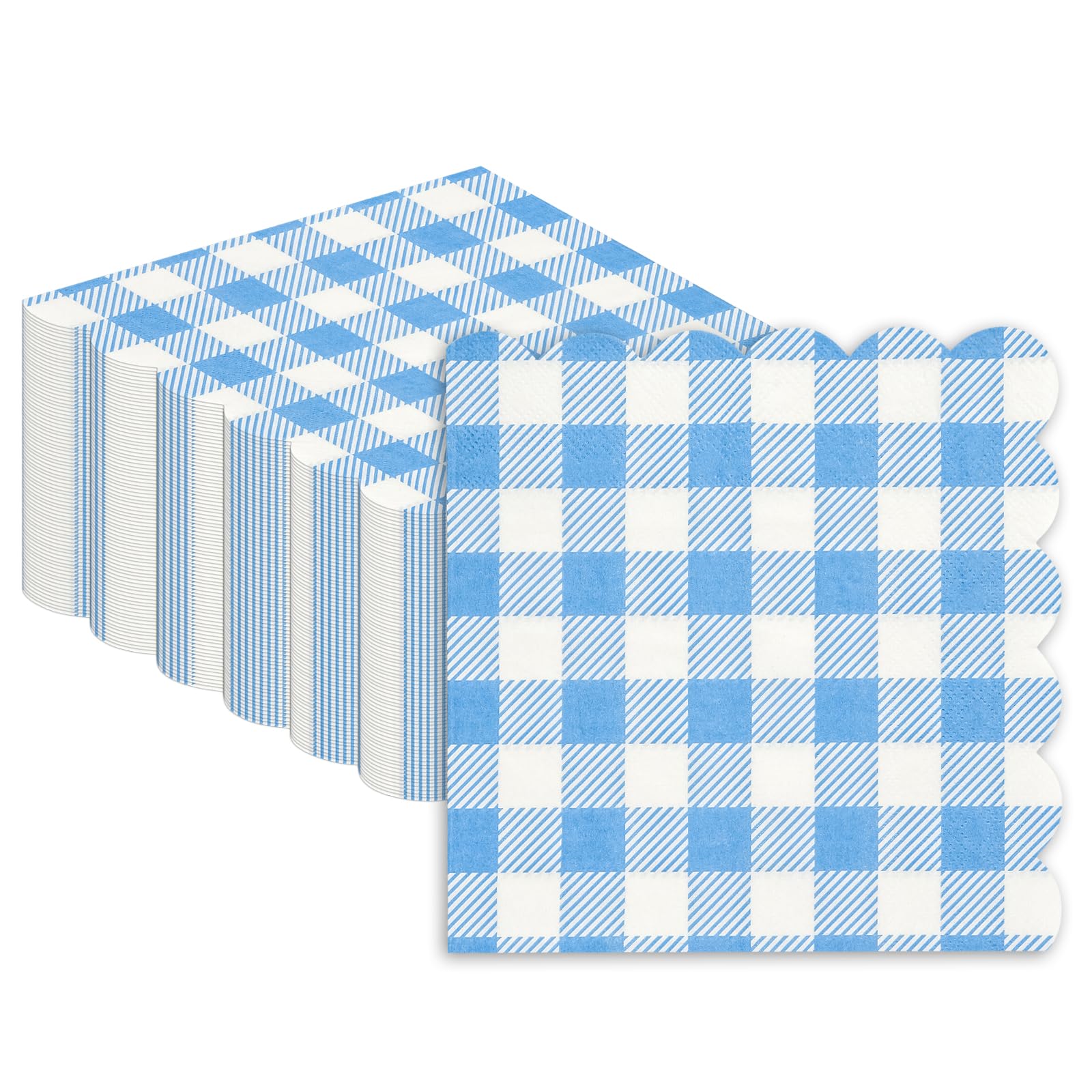 50PCS Blue Checkered Paper Napkins,Gingham Luncheon Napkins Scalloped Cocktail Napkins for Restaurant, Bar, Picnic, Tea, Birthday Party, Table Decorations