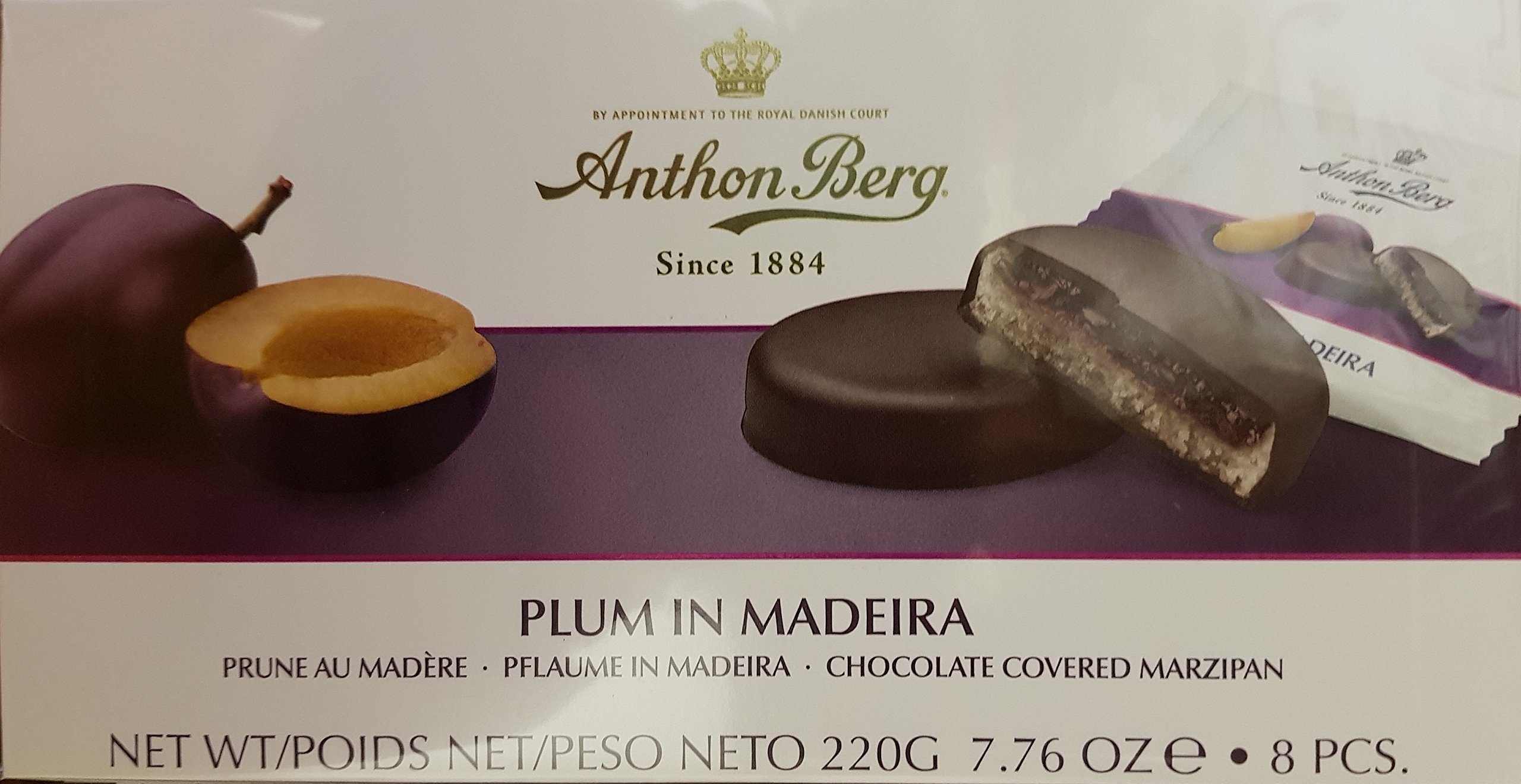 Marzipan Covered in Dark Chocolate - Plum & Madeira - Box of 220g - With a delicious jam of fresh fruits flavoured with Madeira.