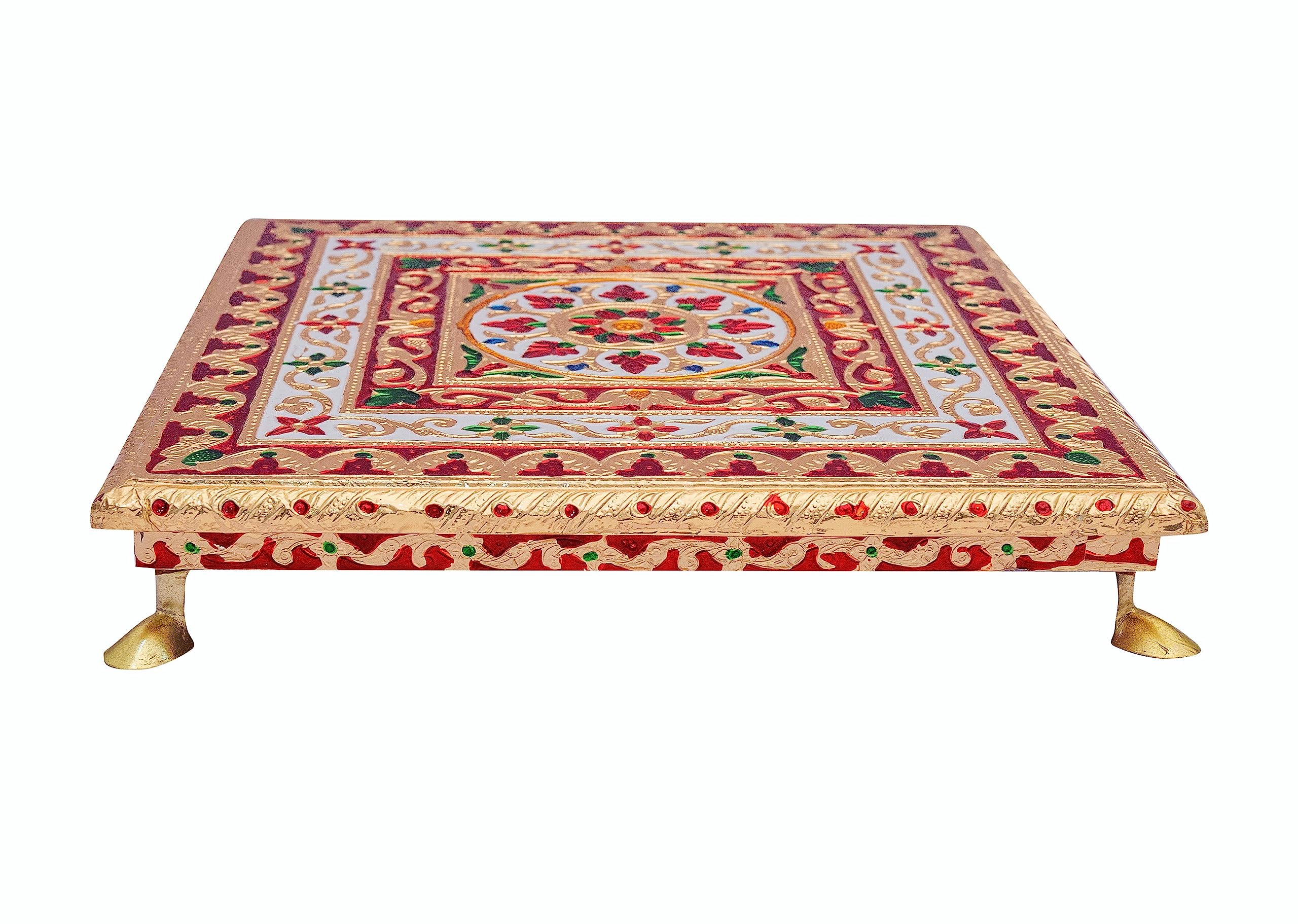 Golden meenakari Wooden Pooja bajot Flower Design all purpose Festive decor Religious chowki for puja a ghar Gold (12" X 12" inches)