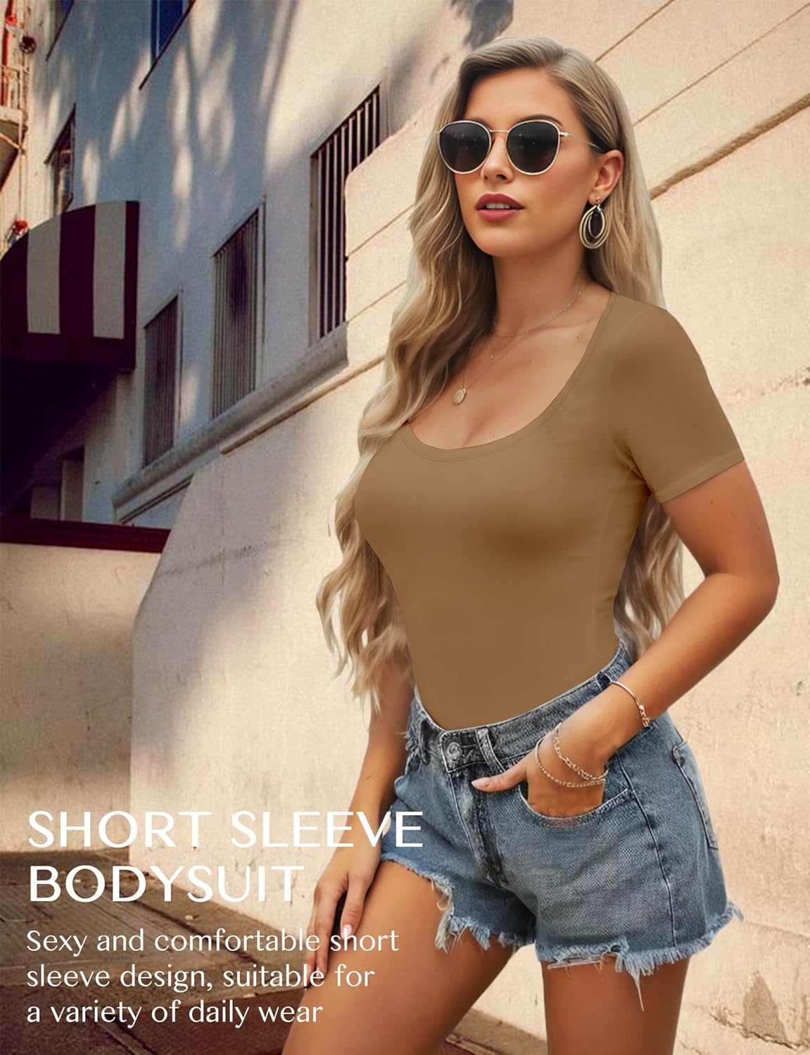 Womens Scoop Neck Bodysuit Short Sleeve Bodysuits For Women Sexy Going Out Thong Body Suit Tops Shirts Basic Clothing Tank Leotards Jumpsuits Bustier Tops Curvy Dupe Tummy Control Coffee XX-Large - Image 3