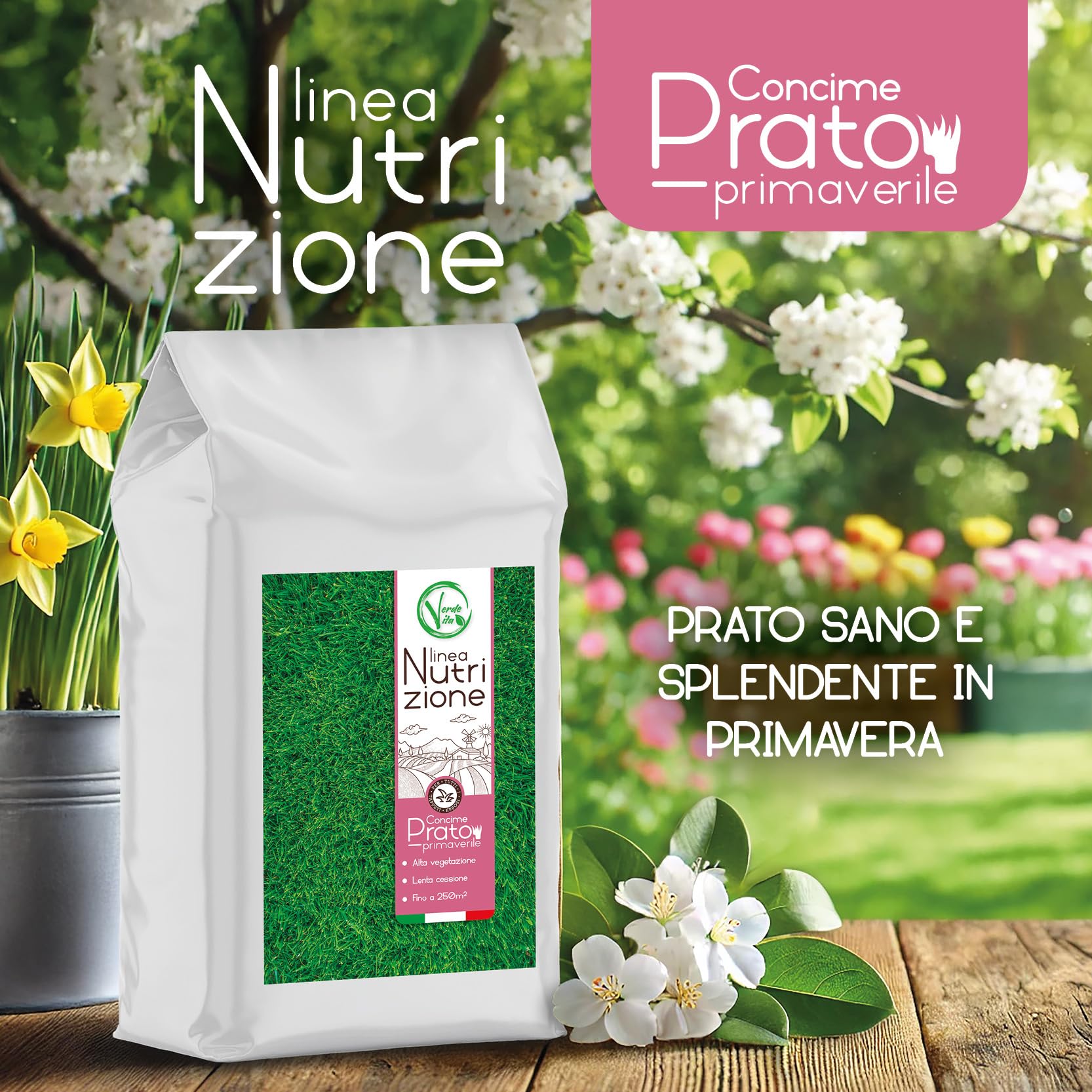 VerdeVita Concime Prato Primavera, Fertilizzante Antimuschio e per Nutrizione, Colore Verde Intenso, Made in Italy, Compatibile con Robot Rasaerba (250m²)