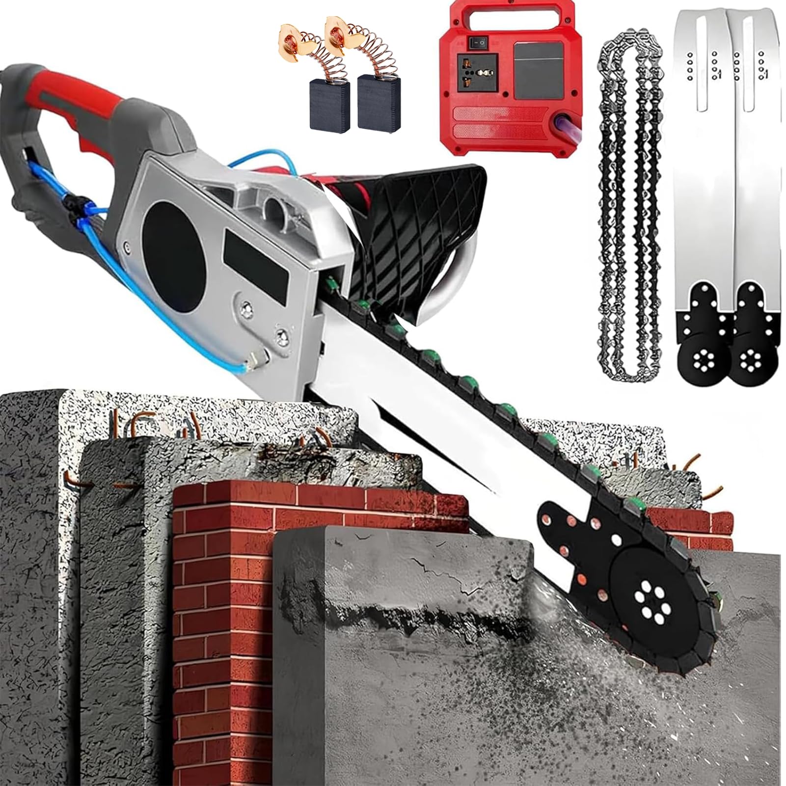 Motosega Elettrica per Tagliare Muri, Sega Elettrica per Cemento 35/48 cm, Tagliamuri a Catena Diamantata, con Abbattimento Polveri ad Acqua, 2 Spazzole di Carbone, per Calcestruzzo, Granito