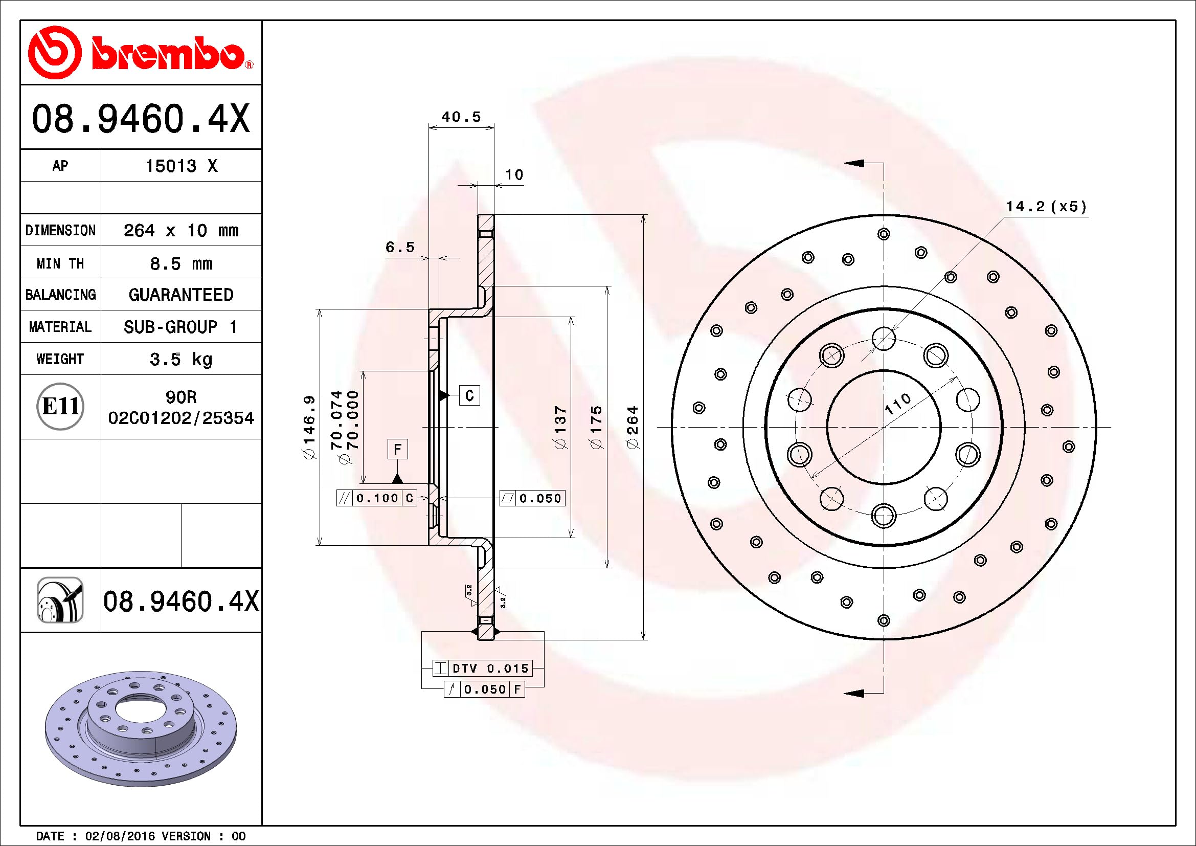 Brembo Xtra 08.9460.4X - Disco Freno Forato Posteriore, Set di 2