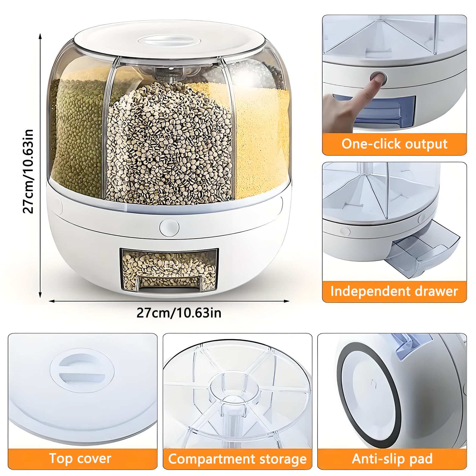 Rotating Grain Storage Bin 6 Grids Rice Container One-Click Output Large Capacity Food Dispenser For Rice Grains or Pet Food Sealed Moisture Proof Organizer Large White 4