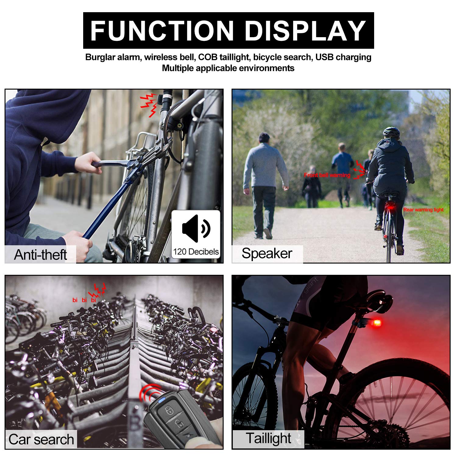 WASAGA Luce posteriore per bicicletta con telecomando per allarme, campanello per bicicletta e luce posteriore COB, luce posteriore antifurto ricaricabile impermeabile, cinturino in silicone per