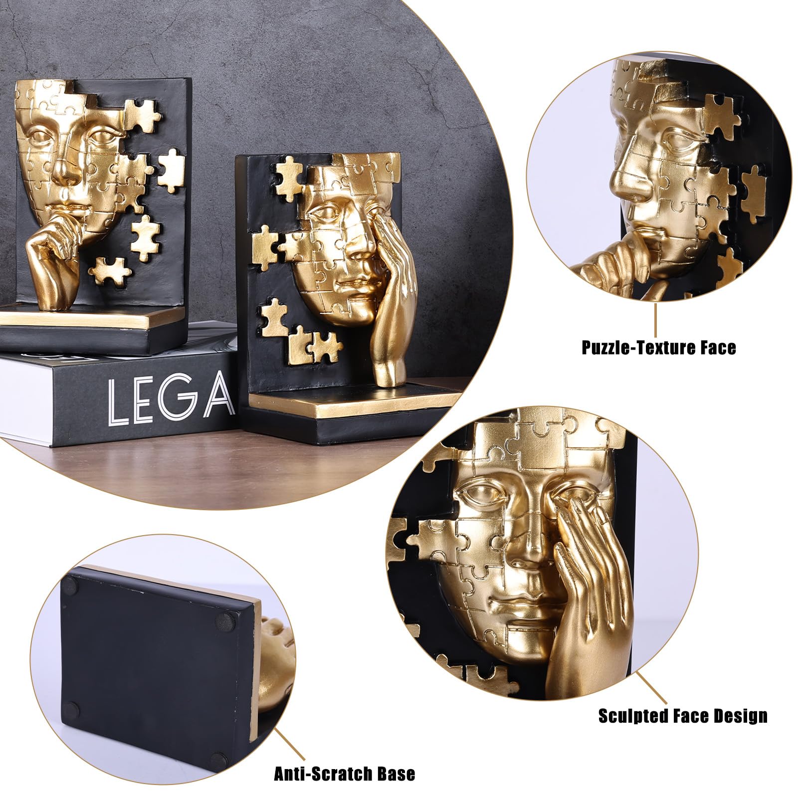 Moderne einzigartige Denker-Bücherregal-Buchstützen von Set 2 – cooles schwarz-goldenes ausgefallenes Gesicht Buchstützen für Regalzubehör, Bürotisch, Heimdekoration