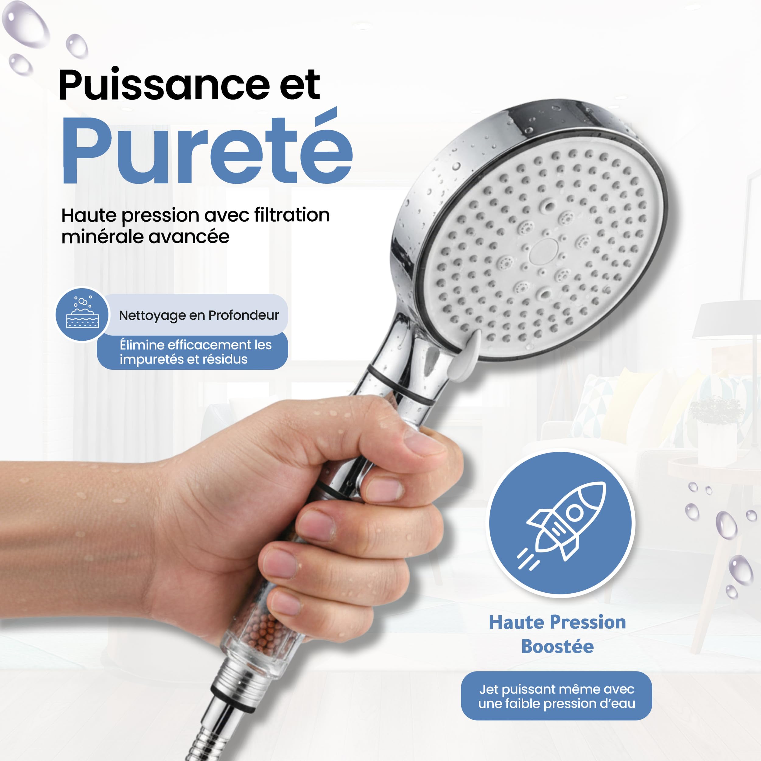 MELTA® Pommeau de Douche Haute Pression Filtrant avec Flexible 1,5 m – Douchette Anti Calcaire avec Filtre Minéral, 5 Modes de Jet, Bouton Stop Eau, Installation Sans Outils, Universel (CHROME POLI) - 5