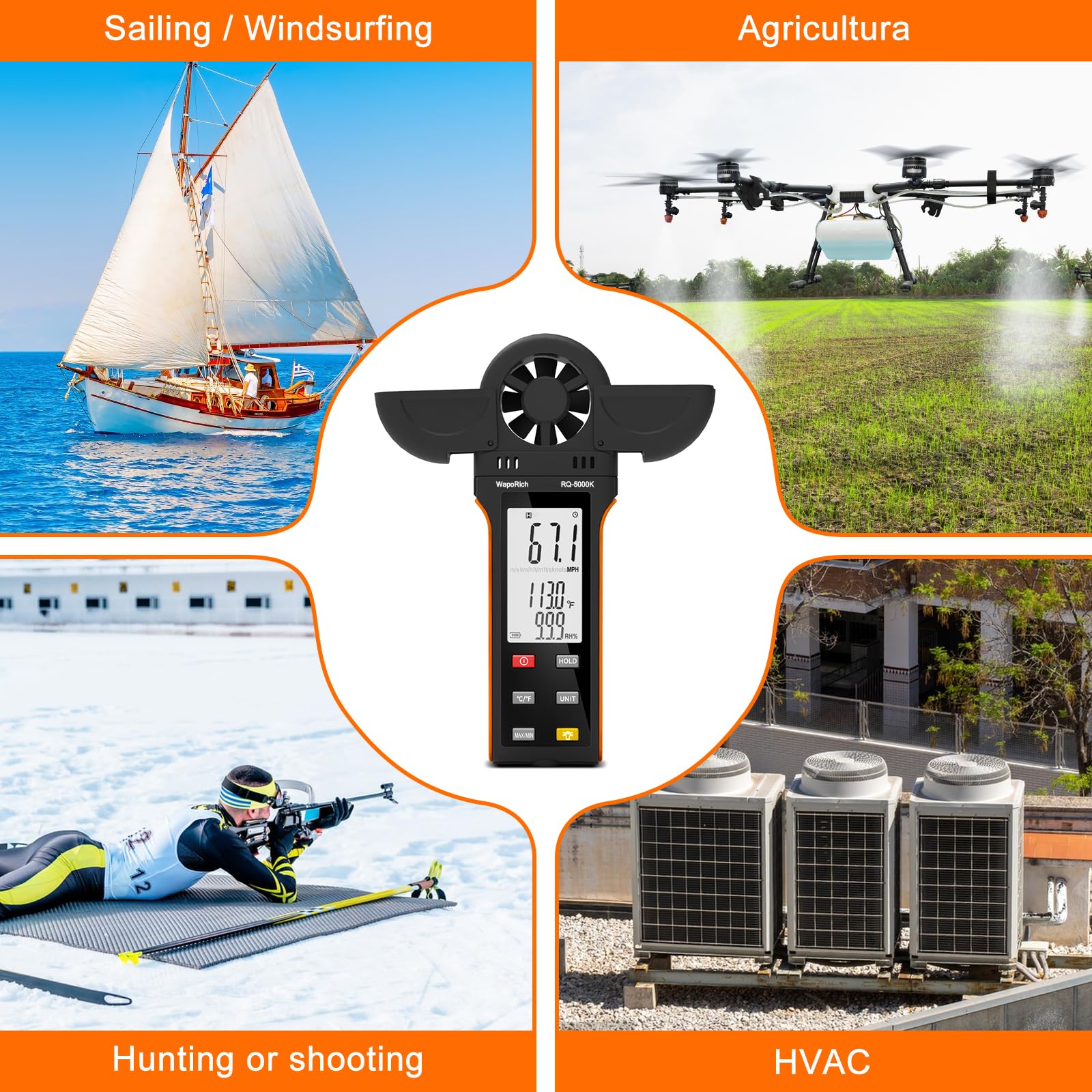 Anémomètre numérique WapoRich - Mesure de l'humidité / de la température / de la vitesse du vent avec MAX/MIN/AVG - Pour HVAC, voile, surf, drone - RQ-5000 K
