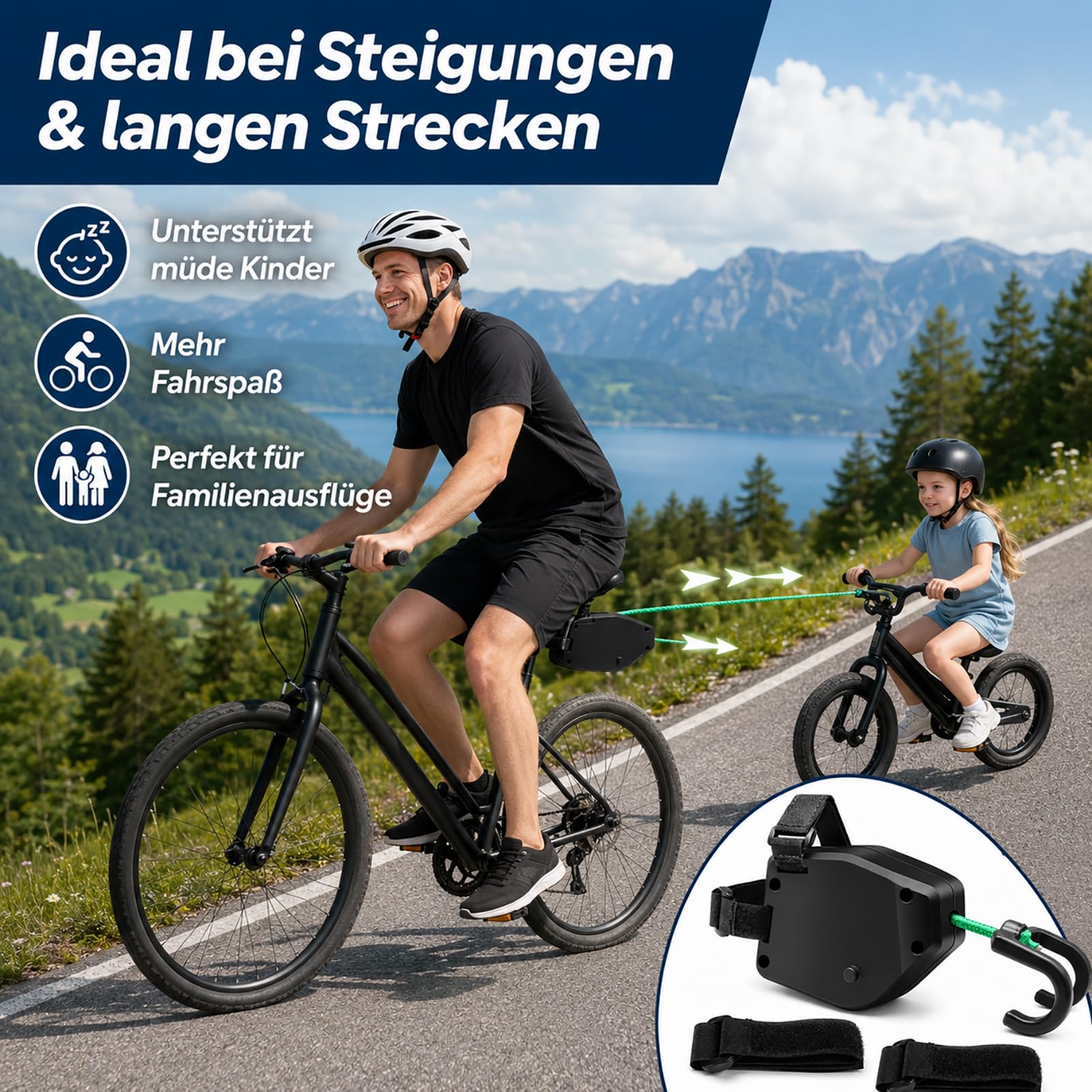 Abschleppseil Fahrrad Kinder, 2,5 m Einziehbares Fahrrad Zugseil bis 225 kg/500 lbs, Fahrradseil zum Abschleppen für Kinderfahrrad, MTB, E-Bike, Familienradtouren