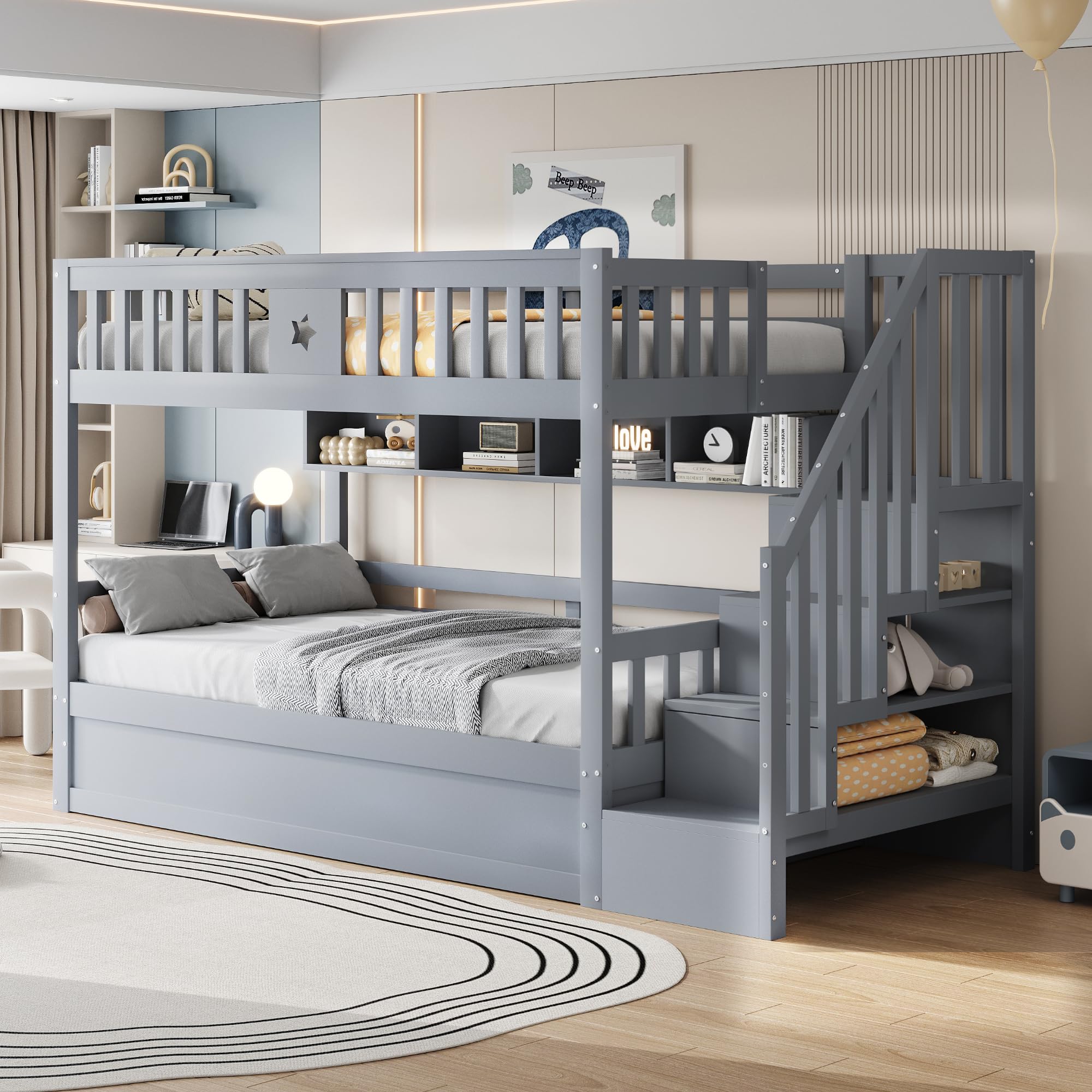 Su & Chan Legence Etagenbett 90x200cm mit hydraulischem Unterbett, Kinderbett mit Stauraumtreppe und Regalen, Holzbett mit Rausfallschutz für 2 Kinder, Grau