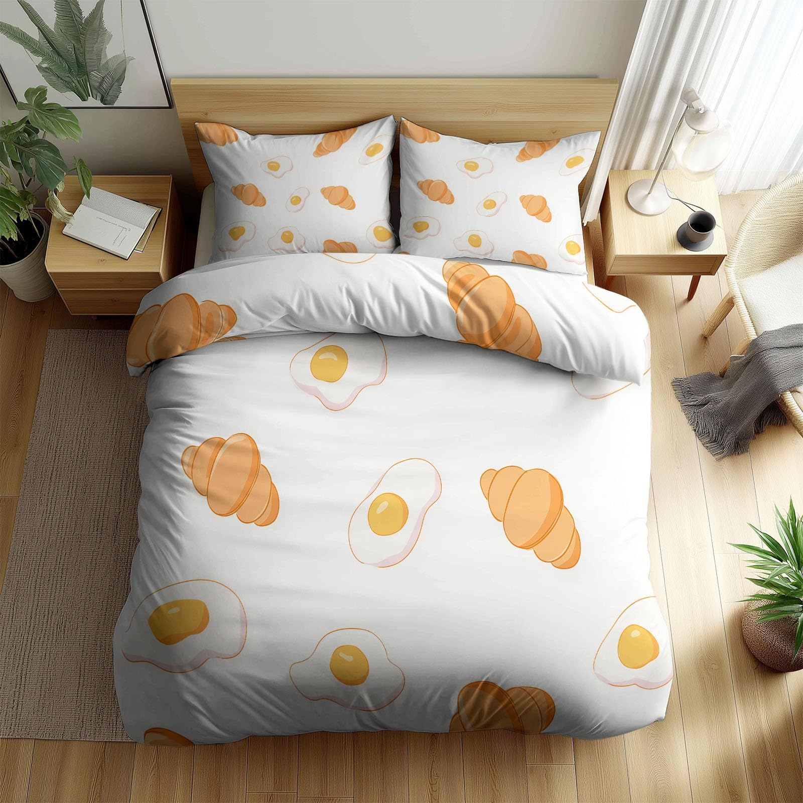 Srigzcaly Cartoon Fried Egg & Croissant Duvet Cover Set Super King - Reversible Minimalism Bedding with Matching Pillowcase - Soft Cosy Warm Easy Care Microfibre Quilt Cover