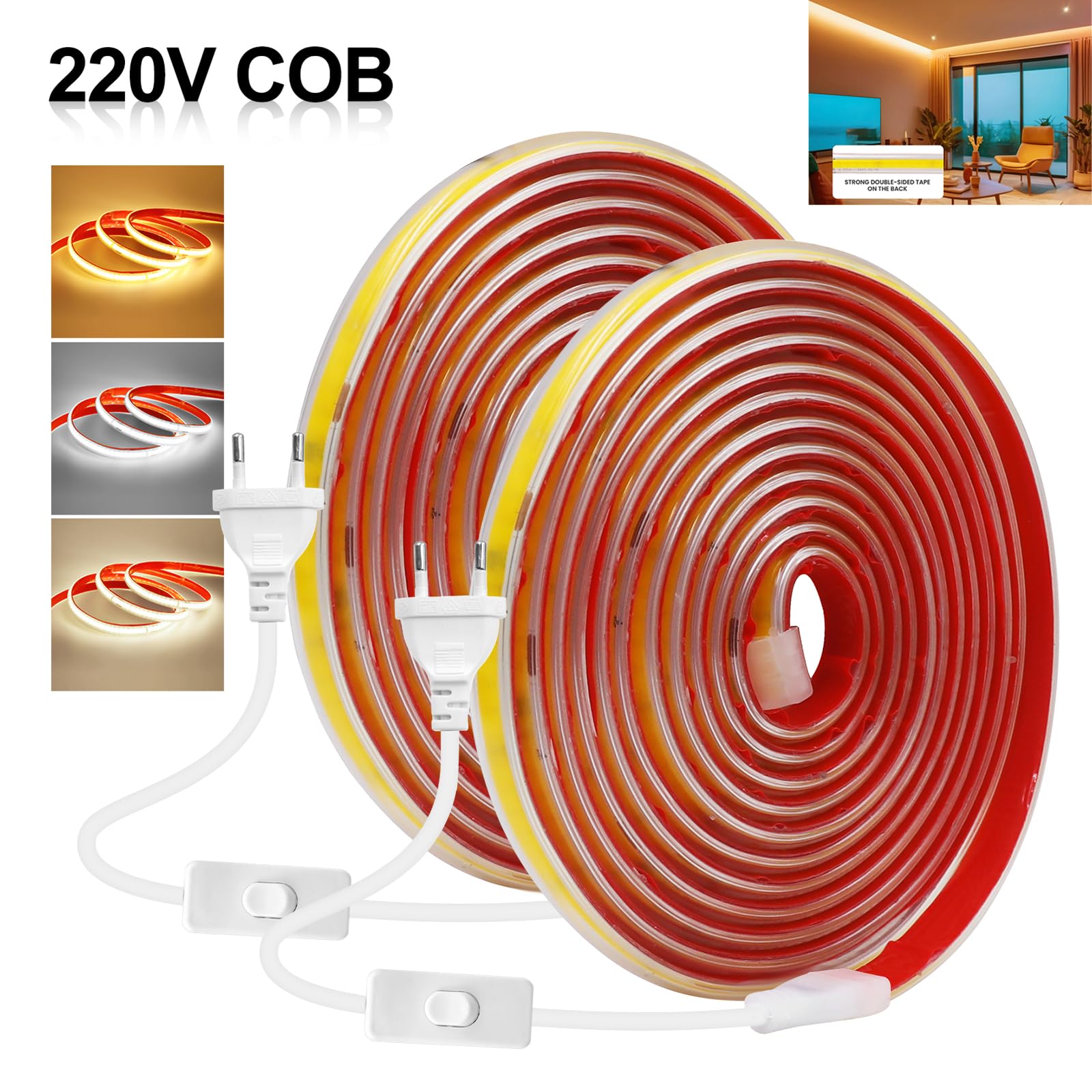 Tira LED COB 220V Con encendido/apagado [34M, Blanco 6000-6500K], IP65 impermeable flexible, 240 LEDs/m tira LED cortable CRI85+, iluminación decorativa para hogares y tiendas
