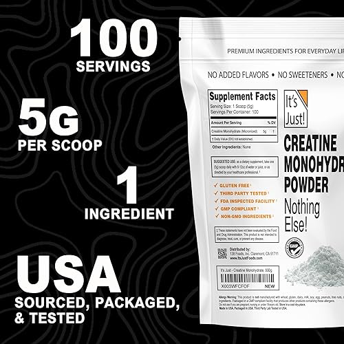 Vista 7 de It's Just! - Polvo de monohidrato de creatina, polvo de creatina pura, fabricado en Estados Unidos, probado en laboratorio de terceros, 0.18 oz por
