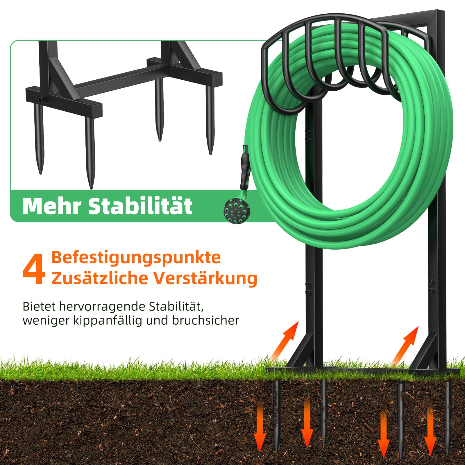 Gartenschlauchhalter Freistehend, 109,5 cm, strapazierfähiger, freistehender Wasserschlauchhalter mit 4 Spießen, Gartenschlauchhalter für bis zu 45 m Schlauch, für Garten, Rasen, Terrasse