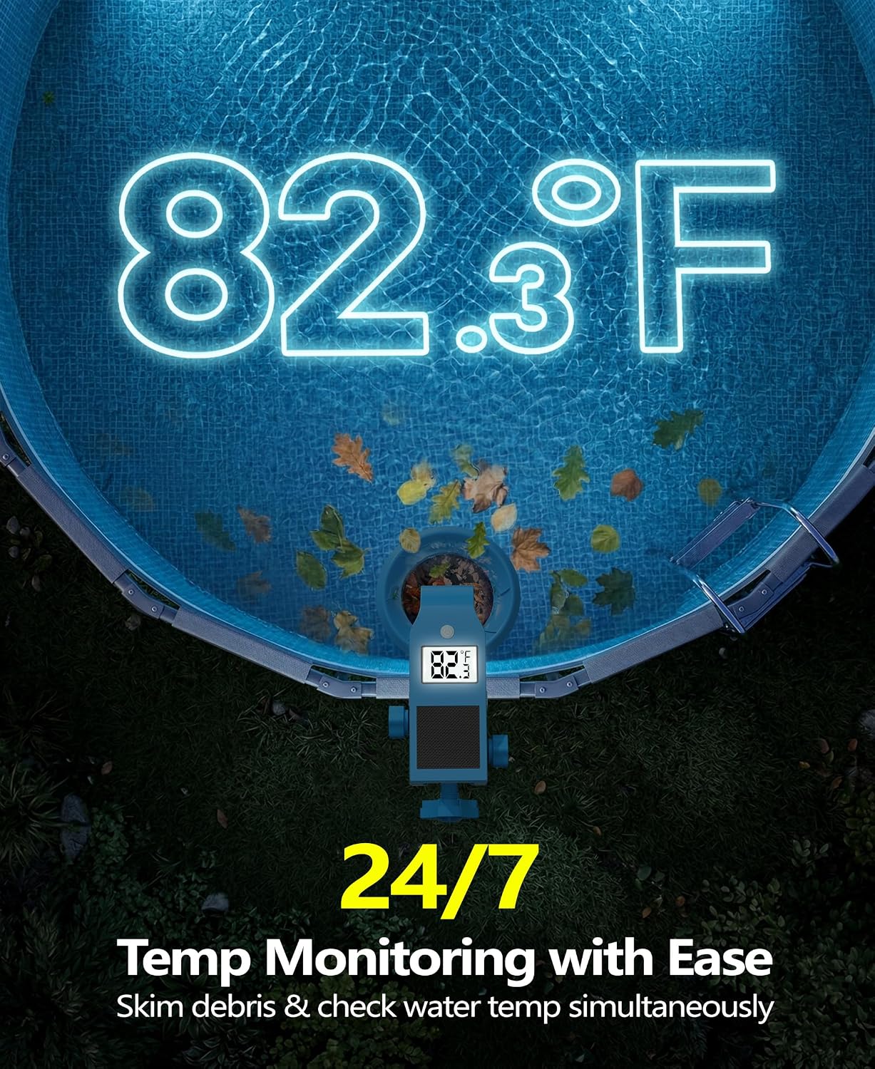 DeeprClean Above Ground Pool Skimmer with Backlit Solar Digital Thermometer | Wall Mount Surface Skimmer with Adjustable Height Bracket, Auto Skimming for Pool Surface Floating Leaves & Debris -Blue