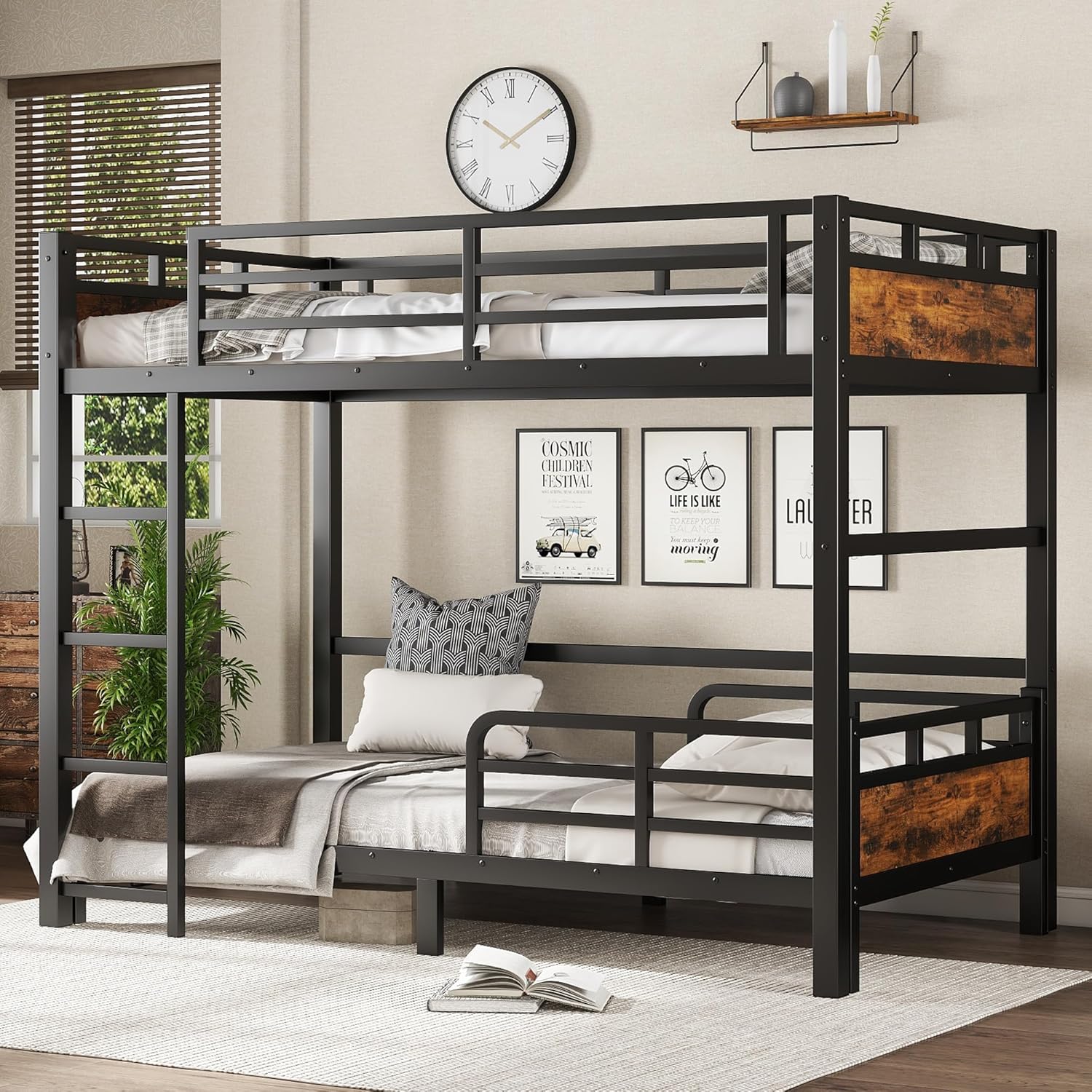 Twin XL Over Twin XL Bunk Bed with Headboard and Full Length Guardrail, Separable Bunk Bed, Heavy Duty Bunk Beds Can Turns Into Loft Bed and Platform Bed, Black