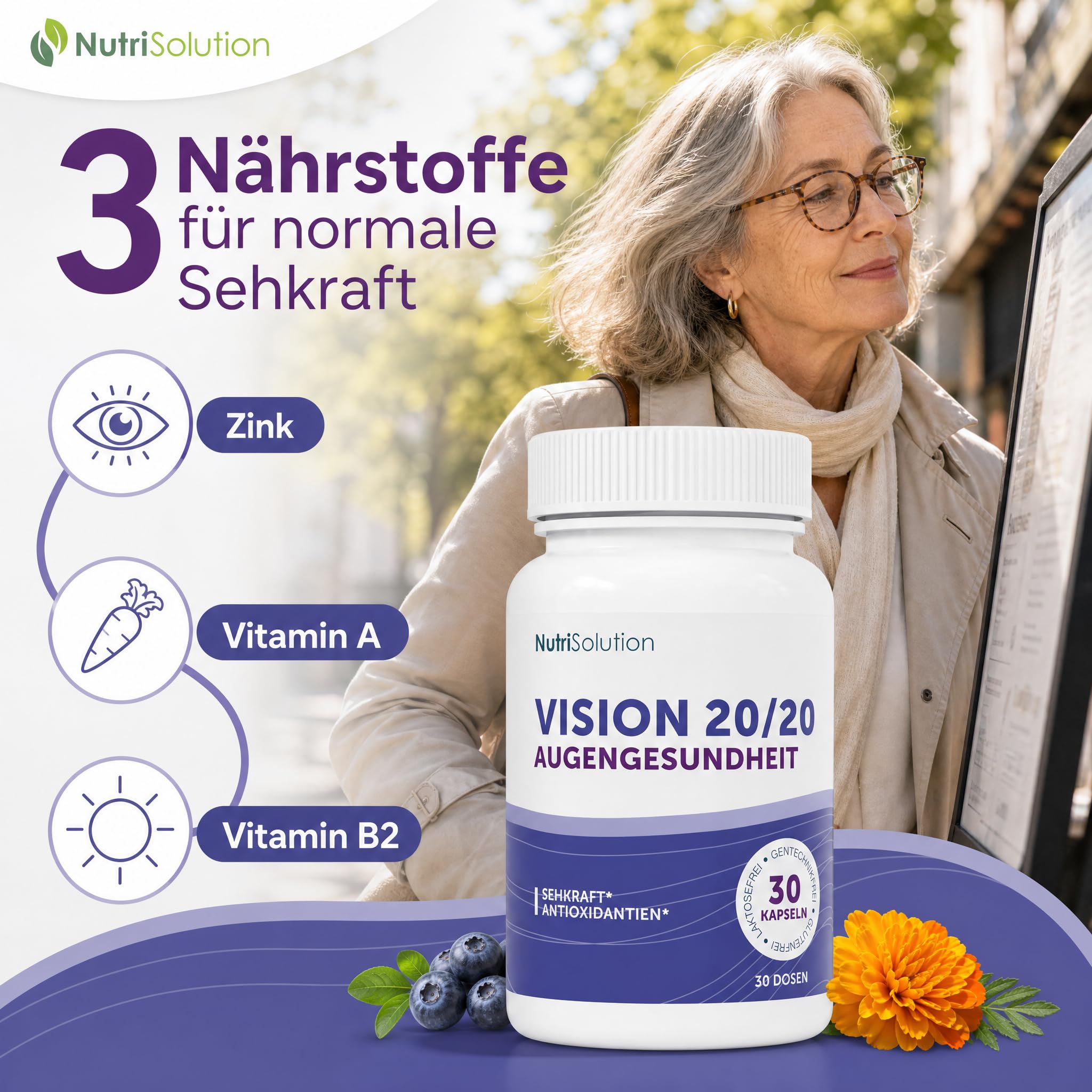 Vision 20/20: Natürliches Nahrungsergänzungsmittel für die Augengesundheit mit Heidelbeere, Lutein & Zeaxanthin – Sehschärfe & Augenermüdung – 30 vegane Kapseln (1)