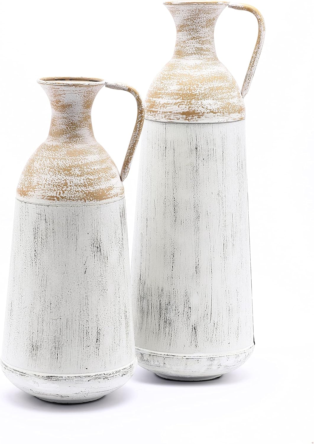 LuxenHöme Tall Floor Vase,Set of 2,Distressed Off White and Brown Rustic Metal Vases,Farmhouse Home Decor Accessories for Living Room,Fireplace and Entryway Decorative