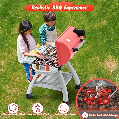 Miniatura 3 de Juego de cocina de juguetes para niños, juego de parrilla de barbacoa con humo, sonido y luz, parrilla de juguete para niños, hamburguesa de comida,