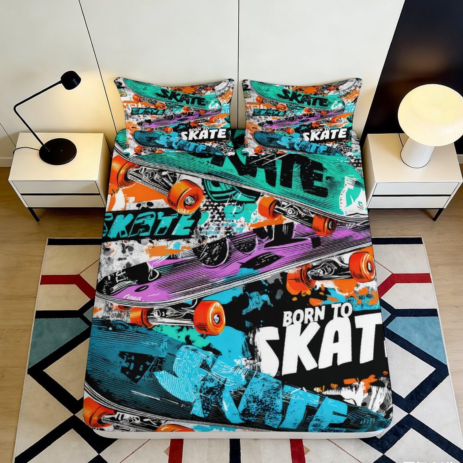 3D Printed Skateboard Pattern Fitted Sheet Microfiber Durable Vibrant Bed Cover for Bedroom Dormitory Guest Room Mattress Protection 200x200x25cm