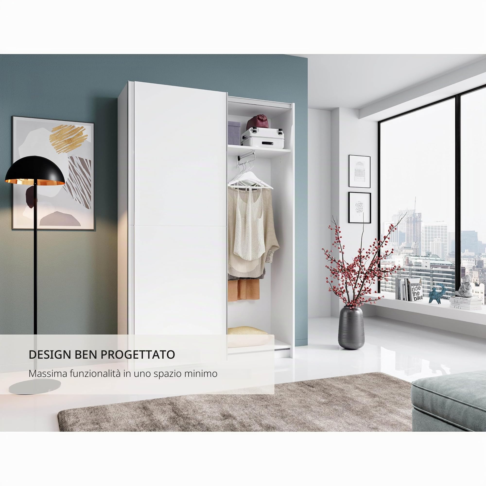 Stella Trading FAST, Armadio guardaroba elegante, molto capiente, versatile con ante scorrevoli in bianco, 125 x 195 x 38 cm, L x A x P