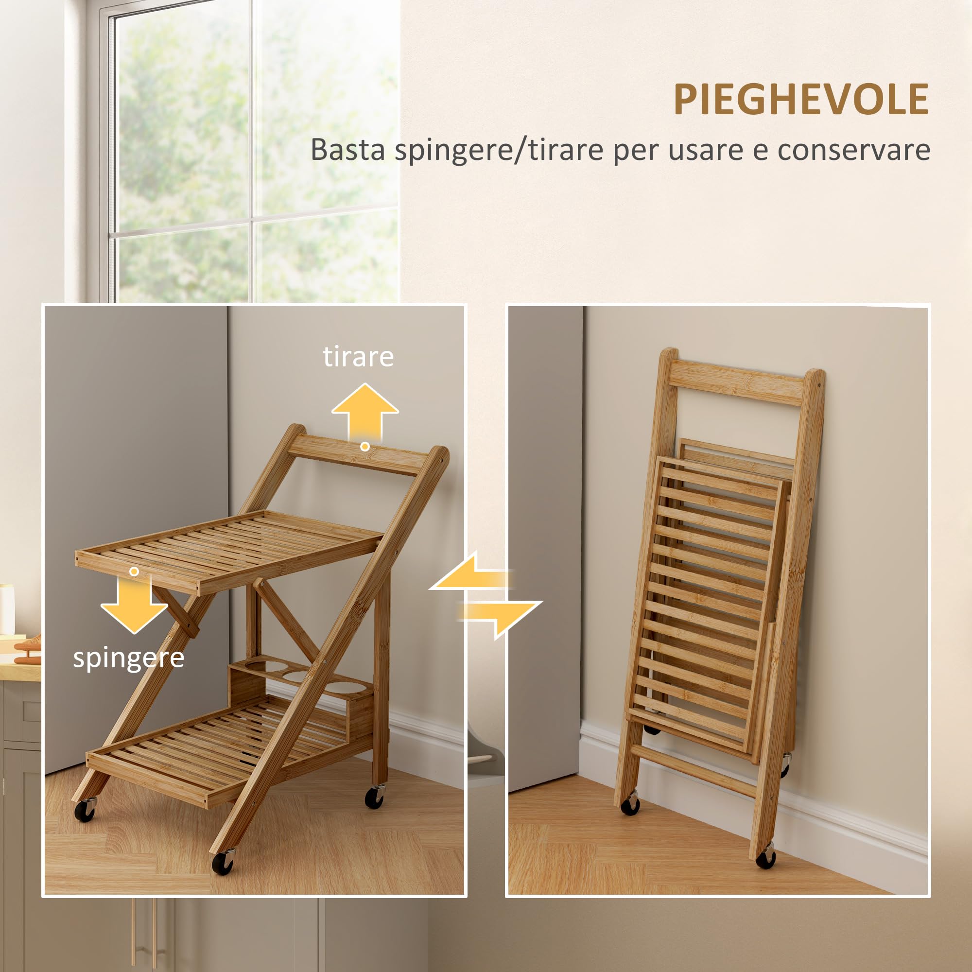 HOMCOM Carrello da Cucina a 2 Livelli Pieghevole con Ruote, Carrello Portavivande da Portata con Portabottiglie in Legno di Bambù a Doghe, 66x40x70 cm, Naturale