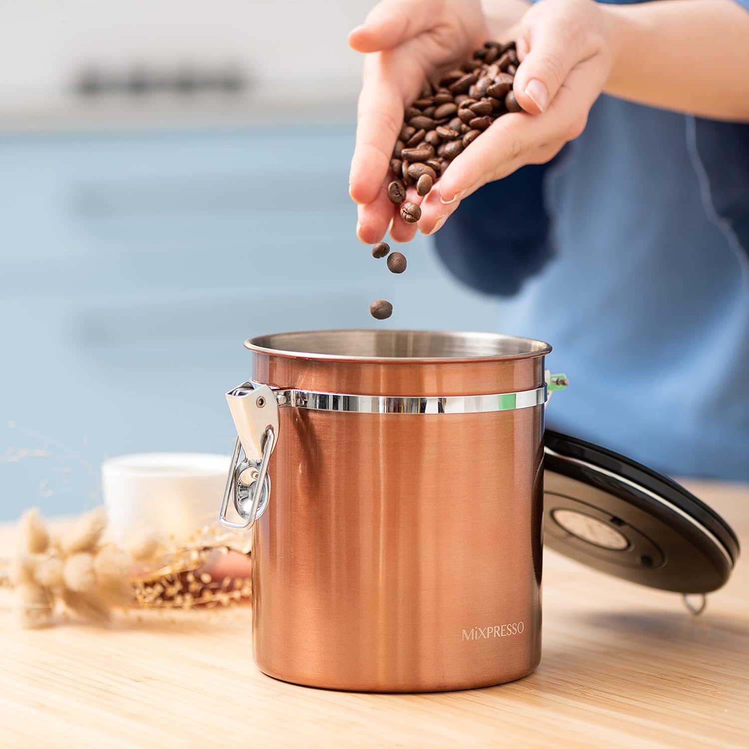Mixpresso Bronze Stainless Steel Airtight Coffee Container with Date Tracker For Coffee & Tea, Coffee Jar 16 Ounces Bundle With Aluminum Moka Stove Coffee Maker, Black Espresso Maker Stovetop, Excelle