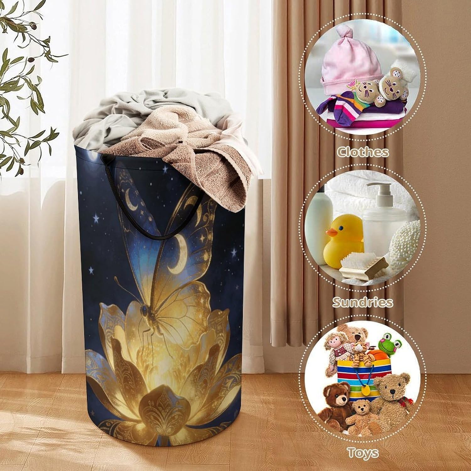 Golden Retro Fantasy Starry Moon Butterfly Laundry Hamper 86L Waterproof Collapsible Clothes Basket with Double Handles Freestanding Foldable Laundry Basket Large Clothes Hamper for Bathroom
