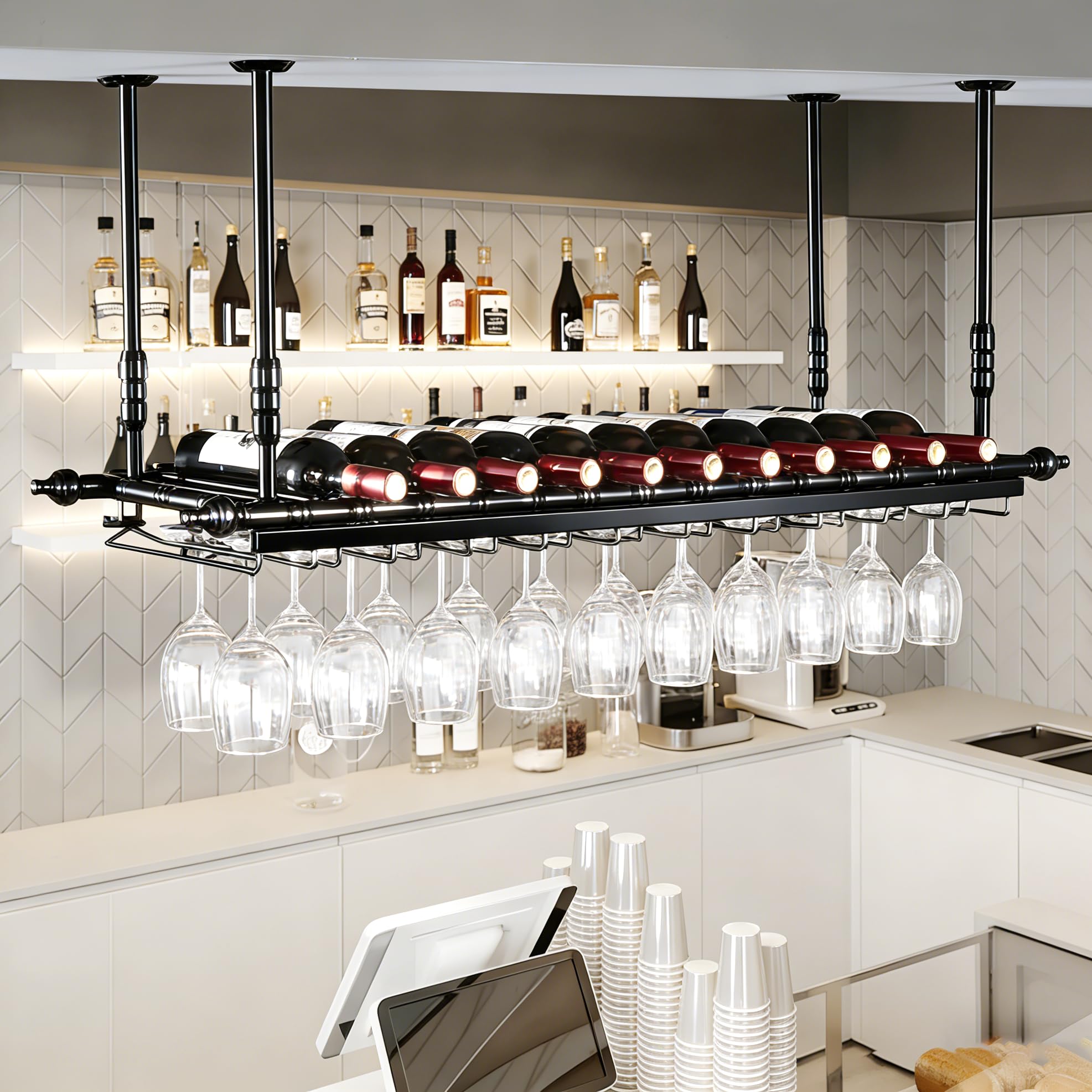 Soportes para Copas Colgante, Altura Ajustable Techo Botellero, Metal Porta Bottiglie da Vino Soporte de Copas Sostenedor para Barra Bar/Club/Armarios para Vino (BK, 120 * 30cm)