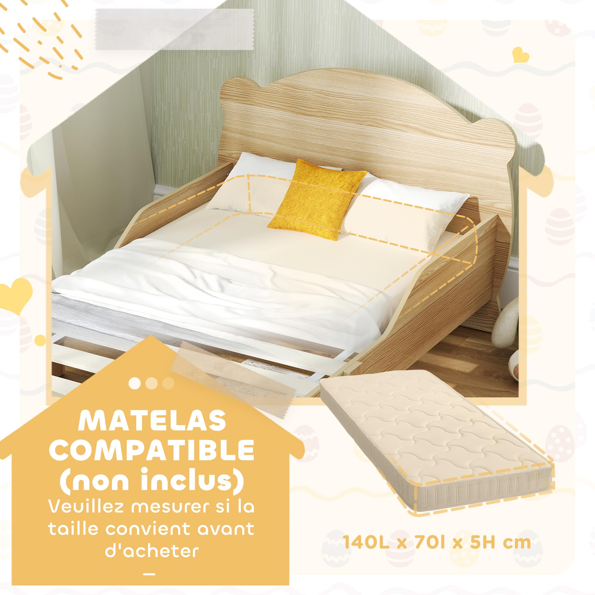 AIYAPLAY Kinderbett 70x140cm für Jungen und Mädchen 3-6 Jahre Naturholz | Kinderbett mit Sicherheitsbarriere, Lattenrost, Bären-Dekor