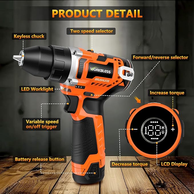 Taladro Inalámbrico WorkBless 12V Sin Escobillas con Pantalla LCD miniatura 9