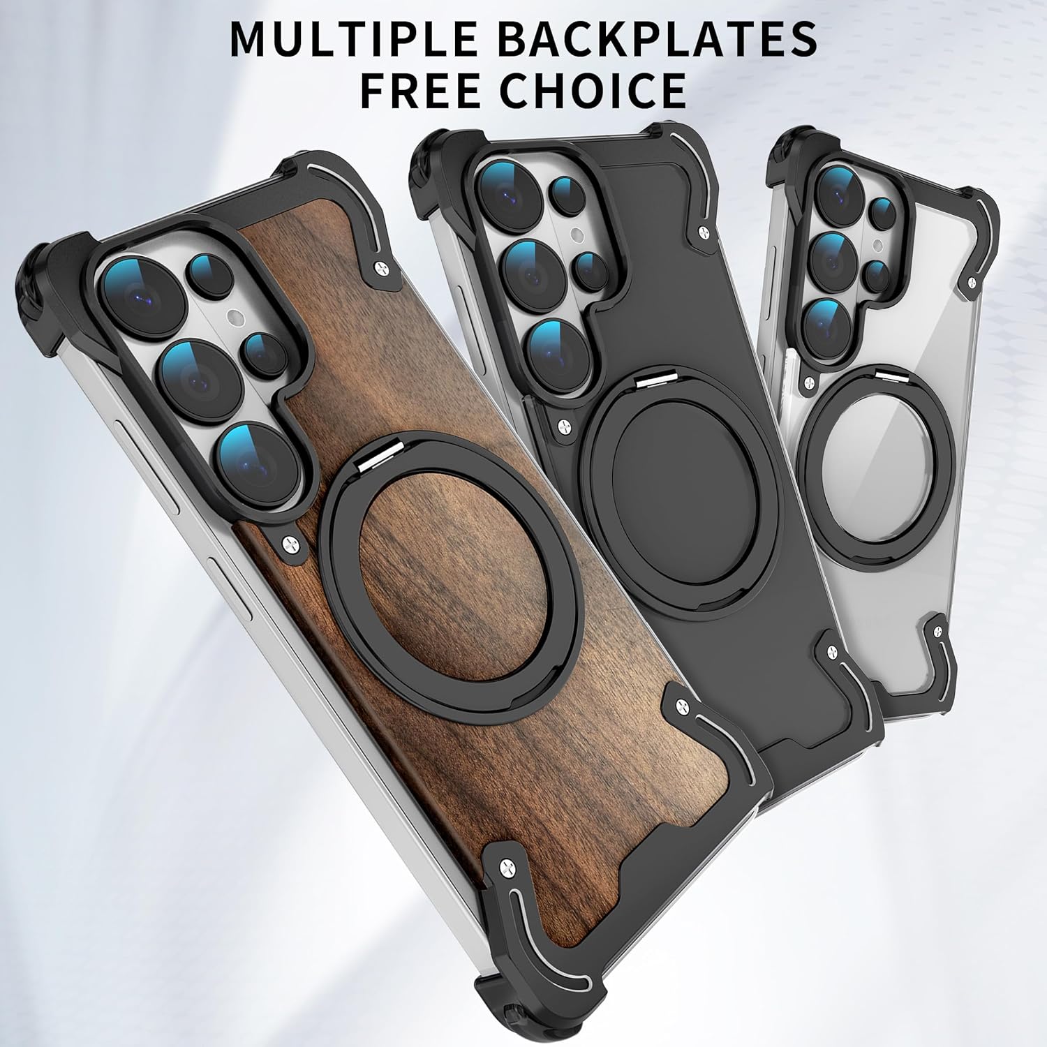 Walnut Wood Aluminum Bumper Case for Galaxy S26 Ultra, Magnetic Ring for Charging Mounts 360°Degree Rotating Stand Slim Frameless Edge Shockproof Corner Cushion Camera Guard, [MW Black]