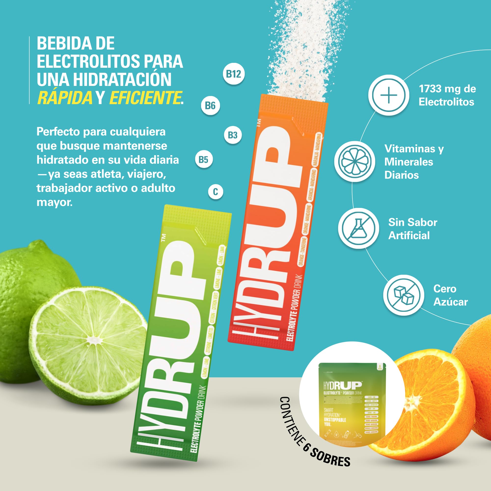 Electrolitos Sin Azucar en Polvo, 1733 mg de Electrolitos de Hidratacion de Naranja-Mandarina y Lima-Limón Altamente Concentrados con Vitaminas y Minerales, 6 Unidades (Mix)