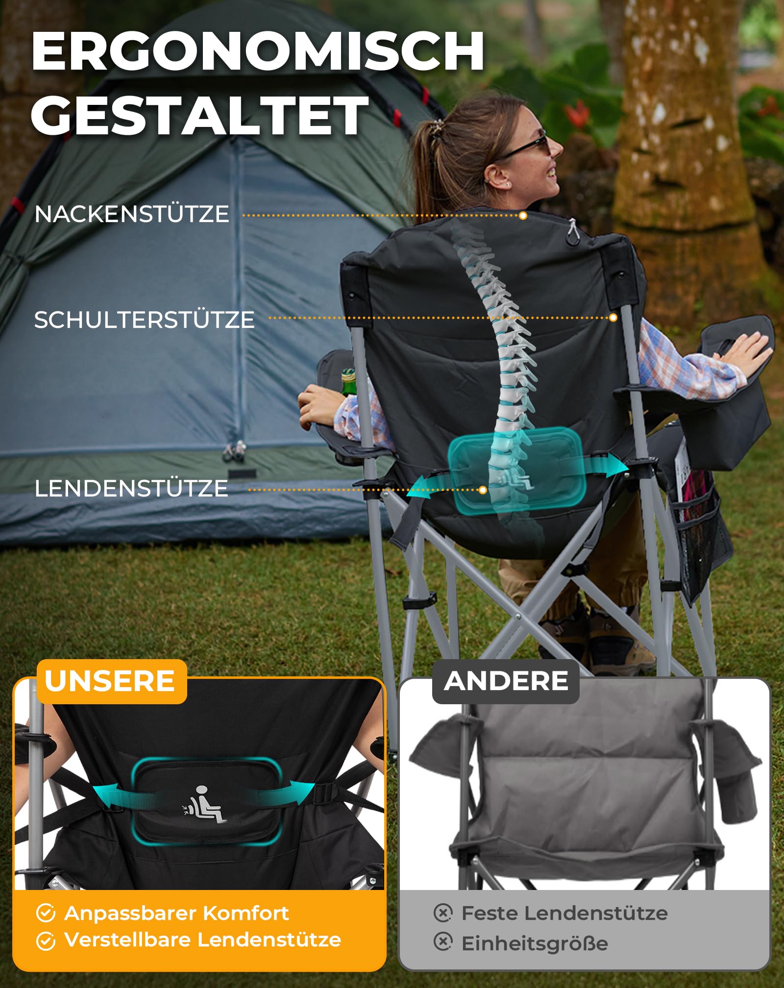 KingCamp Campingstuhl Faltbar Ergonomisch Gepolstert XXL bis 250kg Schwarz | Klappstuhl mit Verstellbarer Lendenwirbelstütze, Kühltasche für Camping, Garten, Angeln & Festival
