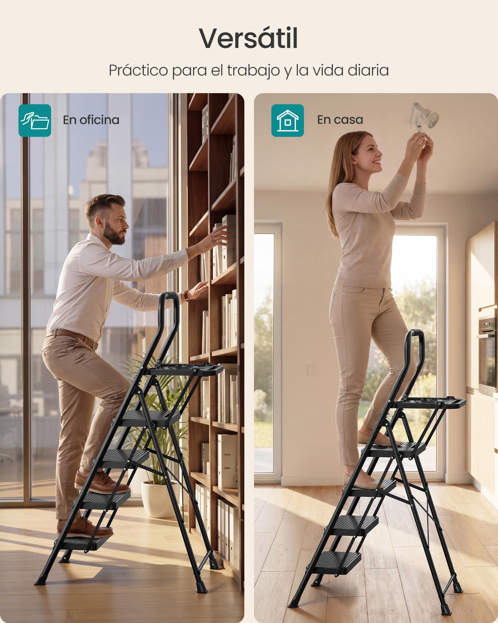 SONGMICS Escalera de Acero, Escalera Plegable de 4 Peldaños, Carga de 150 kg, para Casa, Oficina, Jardín, 84 x 45,5 x 145,2 cm, Negro GSL204BZ01