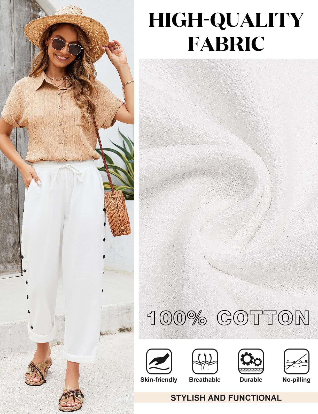 Voqeen Pantalon Femme Été 7/8 Pantacourt Fluide Léger avec Poches Pants de Plage Ample Décontracté Taille Elastique en Coton Pantalon de Travail avec Cordon