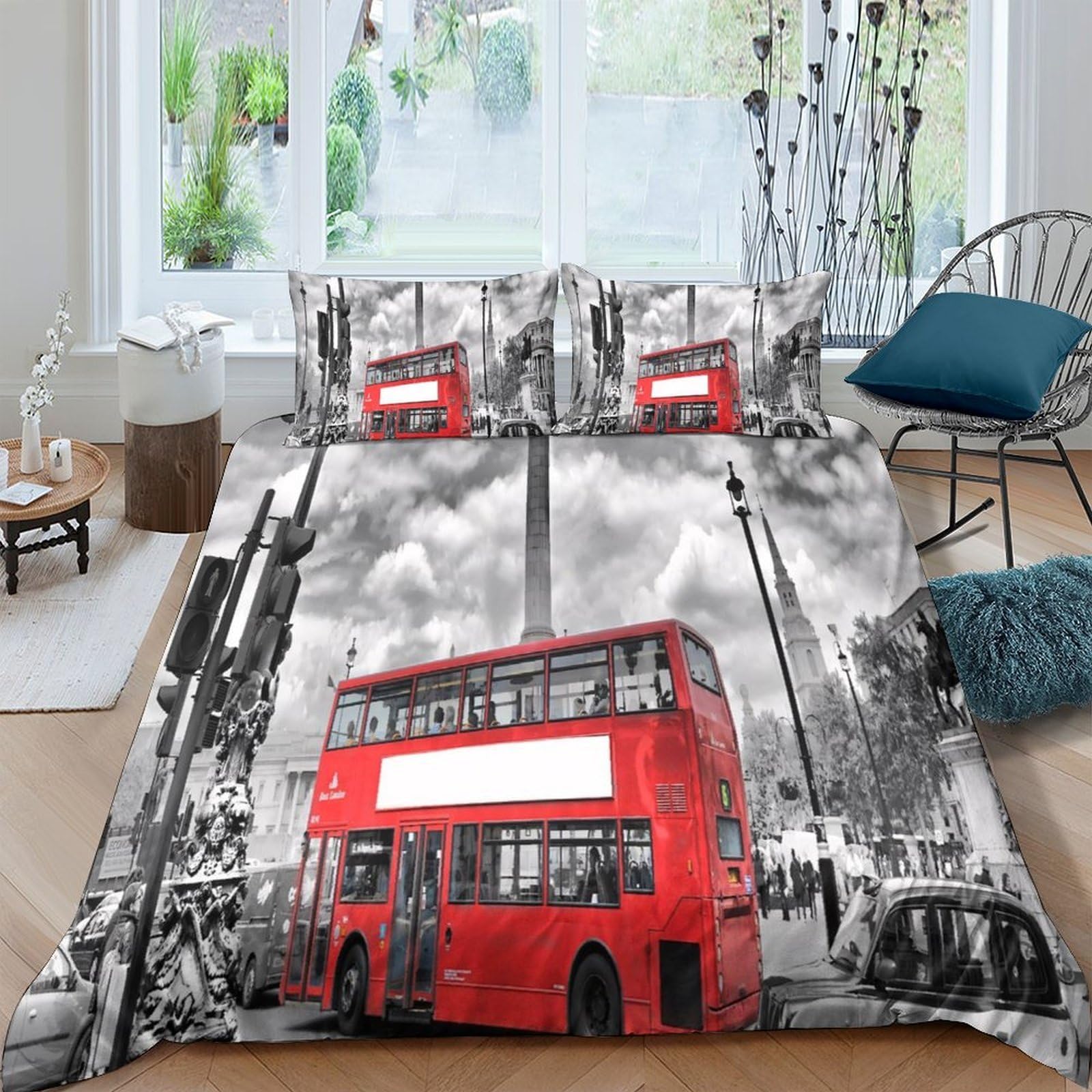 Ctjqhvkz Style-1 3D Printed London Red Bus Fitted Sheet Microfiber Soft Breathable City Street Mattress Cover Bedroom Decor Single（135X200cm）