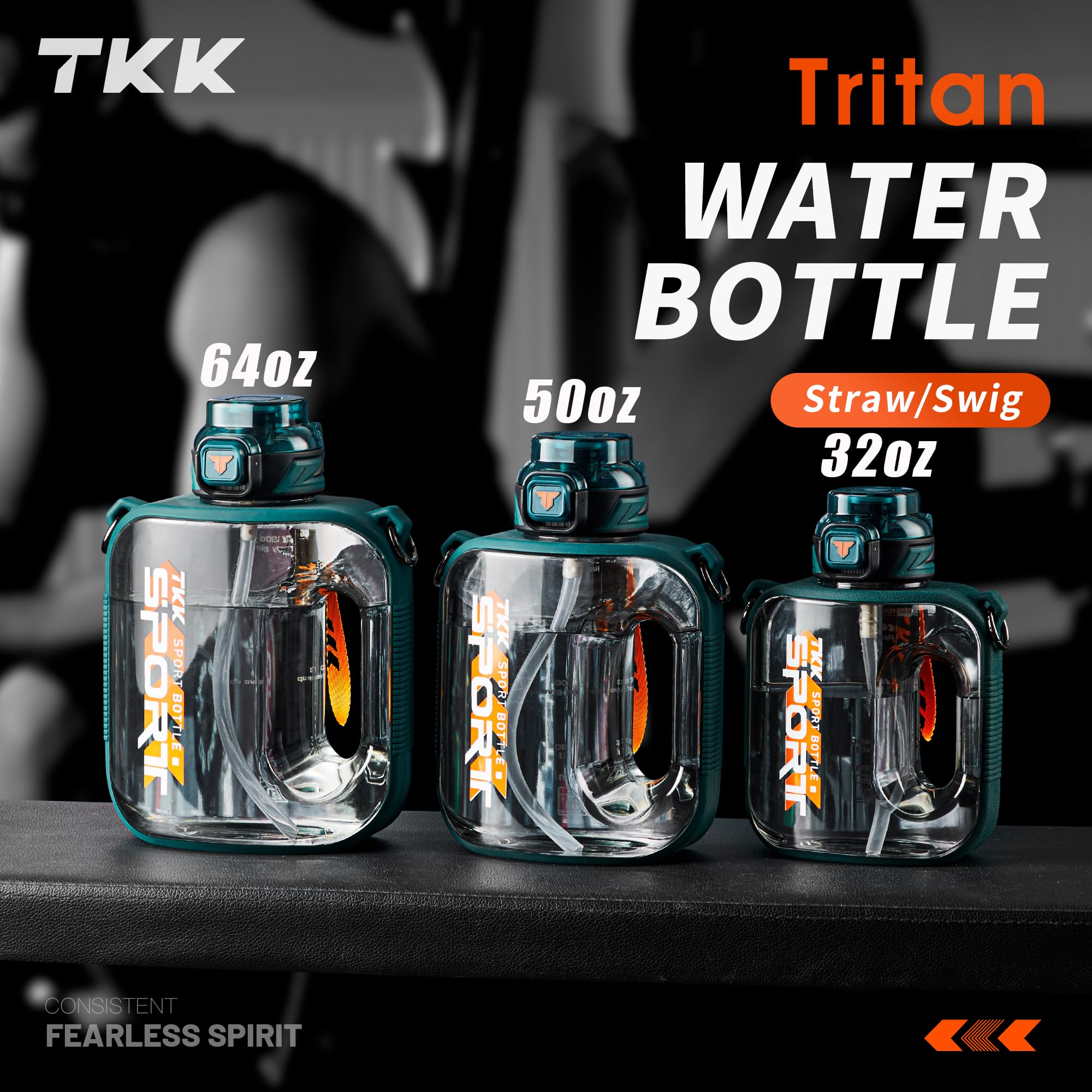 TKK Sport-Wasserflasche mit Strohhalm, große Kapazität, Kunststoff, spülmaschinenfest, 1 l, BPA-frei, Tritan, für Fitnessstudio, Yoga, Reisen, Camping, Outdoor, Grün, Blaugrün