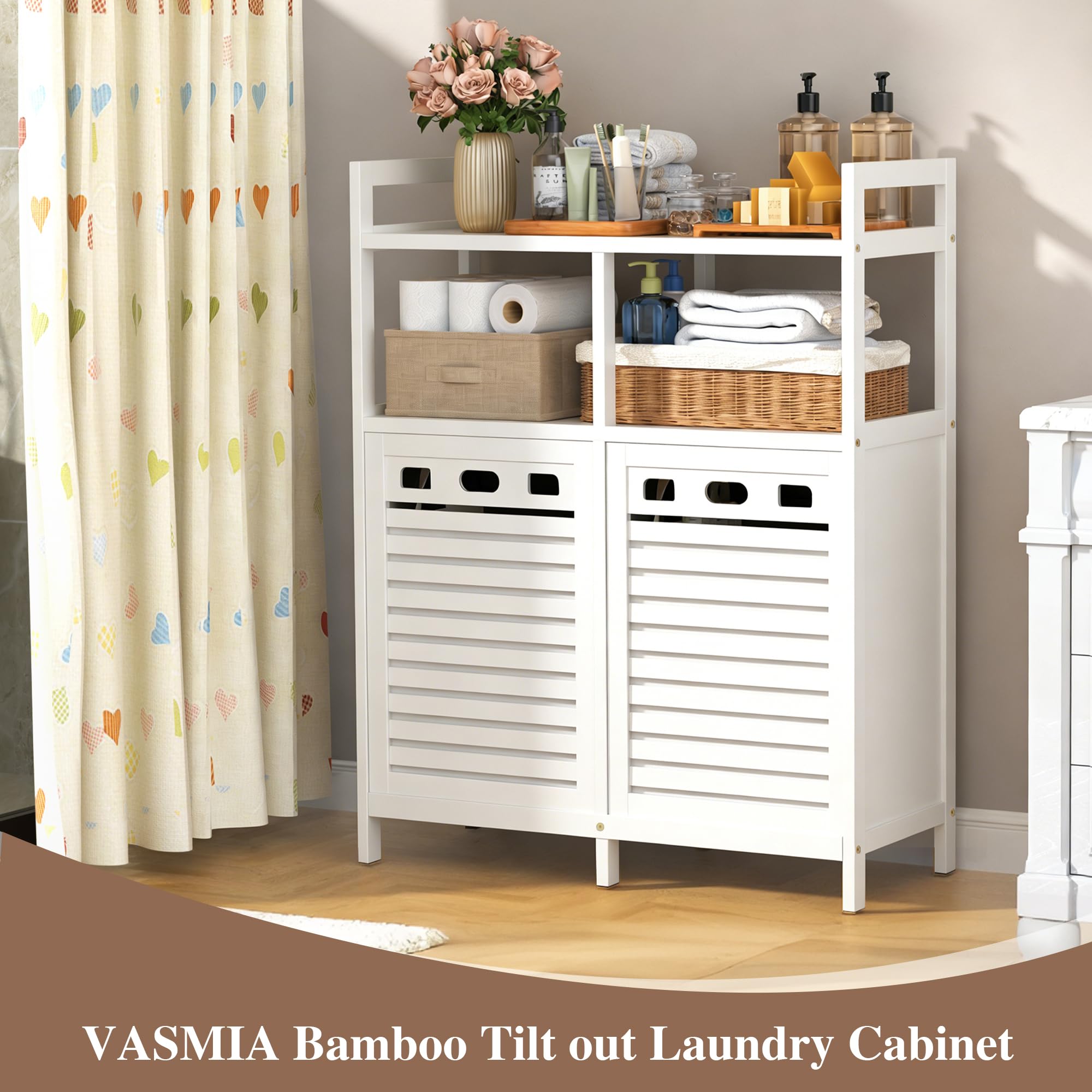 VASMIA Armario de Baño con Cesto de La Ropa, Bambú Mueble de Baño con Bolsas para La Ropa, con 2 Estantes, con Cestas de Lavandería Extraíbles (2*38 L), para Baño, Dormitorio, Cuarto de Lavado, Blanco