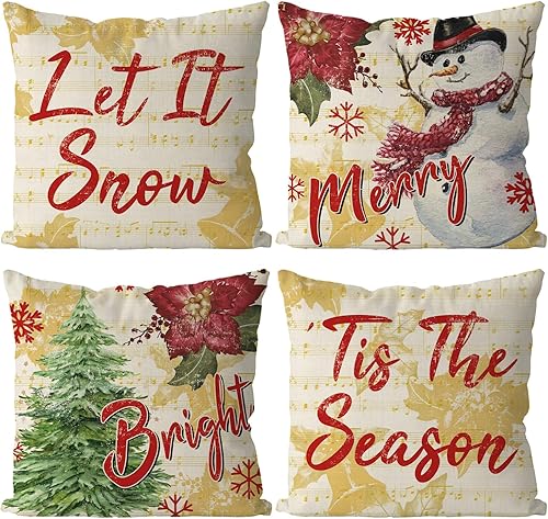 GAGEC Juego de 4 fundas de almohada de Navidad de 18 x 18 pulgadas, diseño de muñeco de nieve rojo y dorado, fundas de almohada de Navidad,