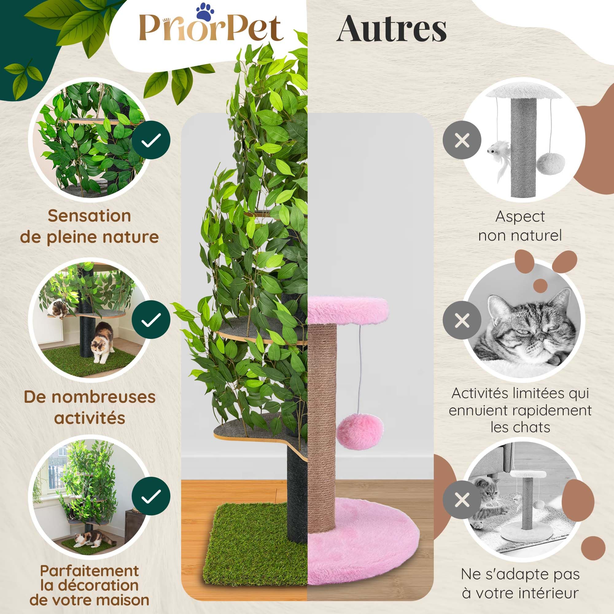 Arbre à Chat pour Grimper, se Cacher et Dormir - Griffoir Breveté à Feuilles interchangeables, Plusieurs Niveaux, Montage Facile - Matériaux sans Danger pour Les Animaux, très Solide