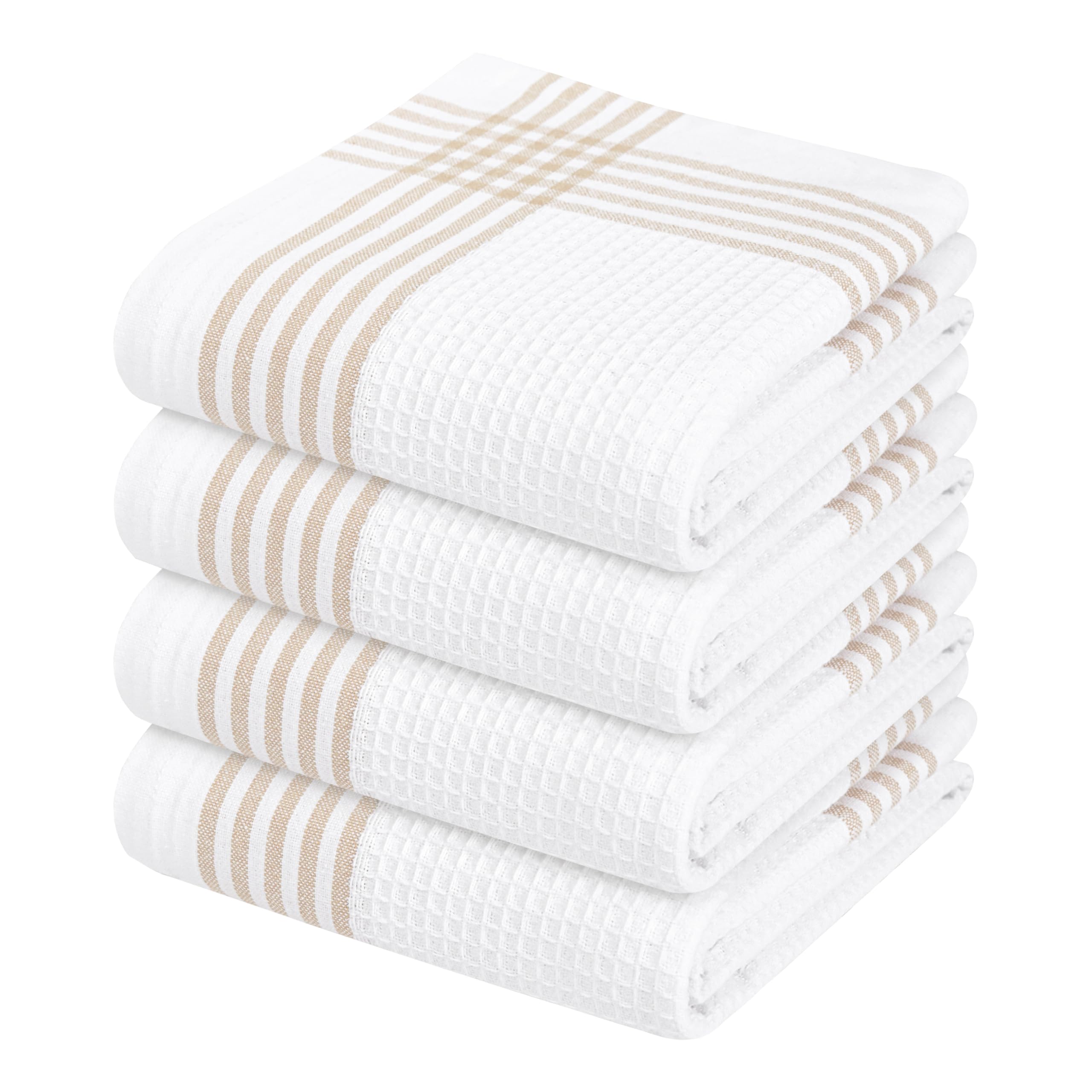 Waffle White &amp; Beige Kitchen Dish Towels 4 Pack, 100% Cotton, 16x26 inches, Durable Dish Cloths Set, Quick Dry Kitchen Rags, Everyday Use Cooking and Cleaning Hand Towels, Bar Towel
