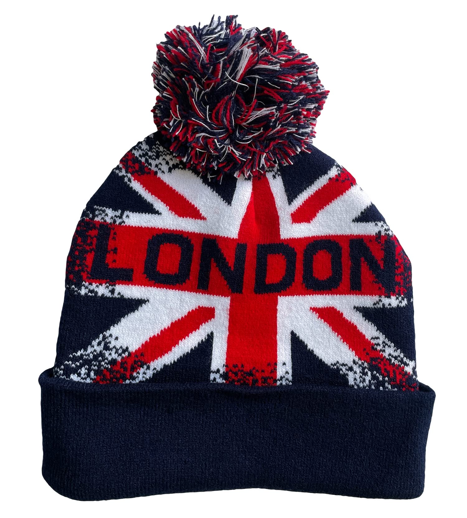 Itzu Men's Navy Splash Mix Bobble Union Jack London Knit Winter Beanie Hat Bobble Pom Pom Turn Up In