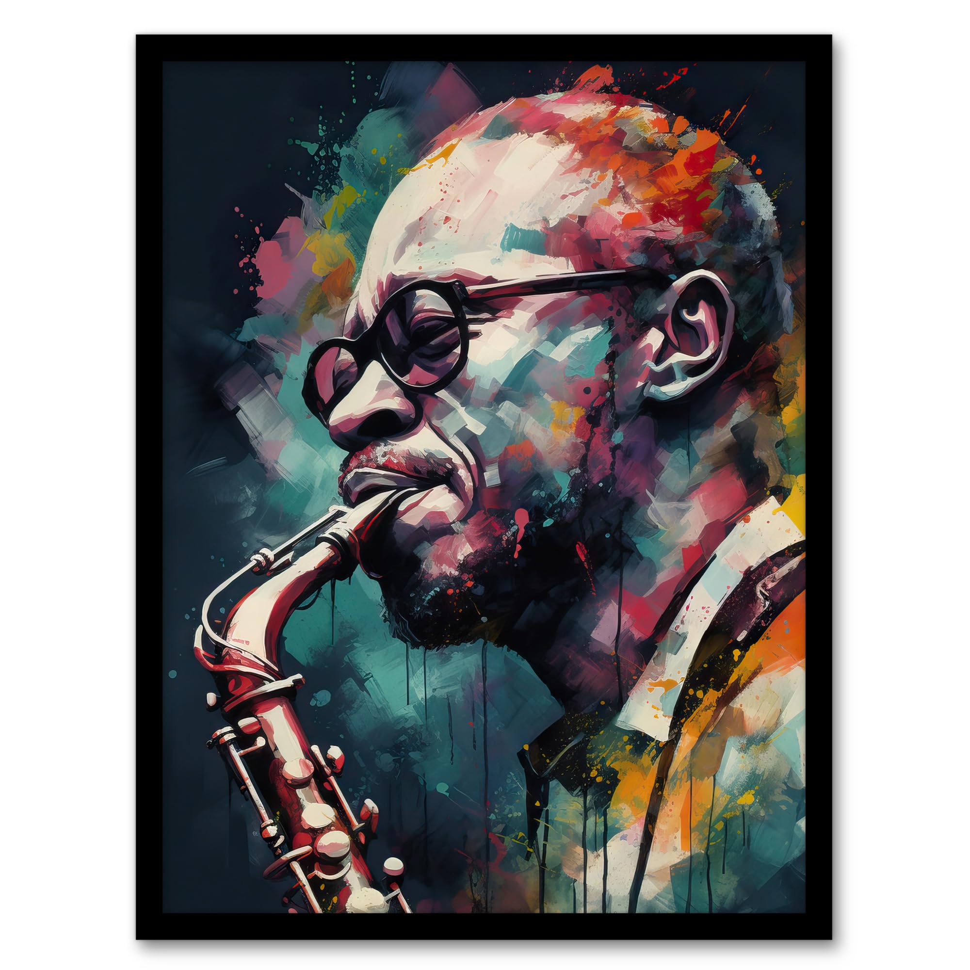 Saxophone Player Wall Art Print - Acrylic Painting - Blue Pink Yellow Jazz Musician Portrait - Framed - A4