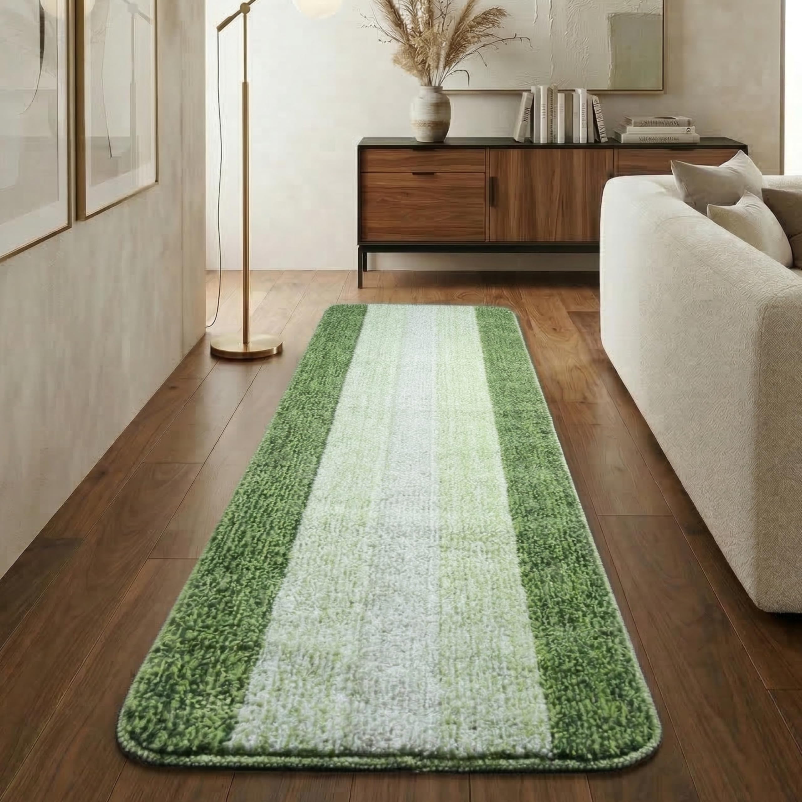 Saral Home Microfiber Striped Rectangle Anti-Skid Runner | Soft & Super Absorbent, Washable Multipurpose Bedside Runner for Home/Kitchen/Lobby/Office Entrance, 50X100 CM | Pack of 1 (Green)