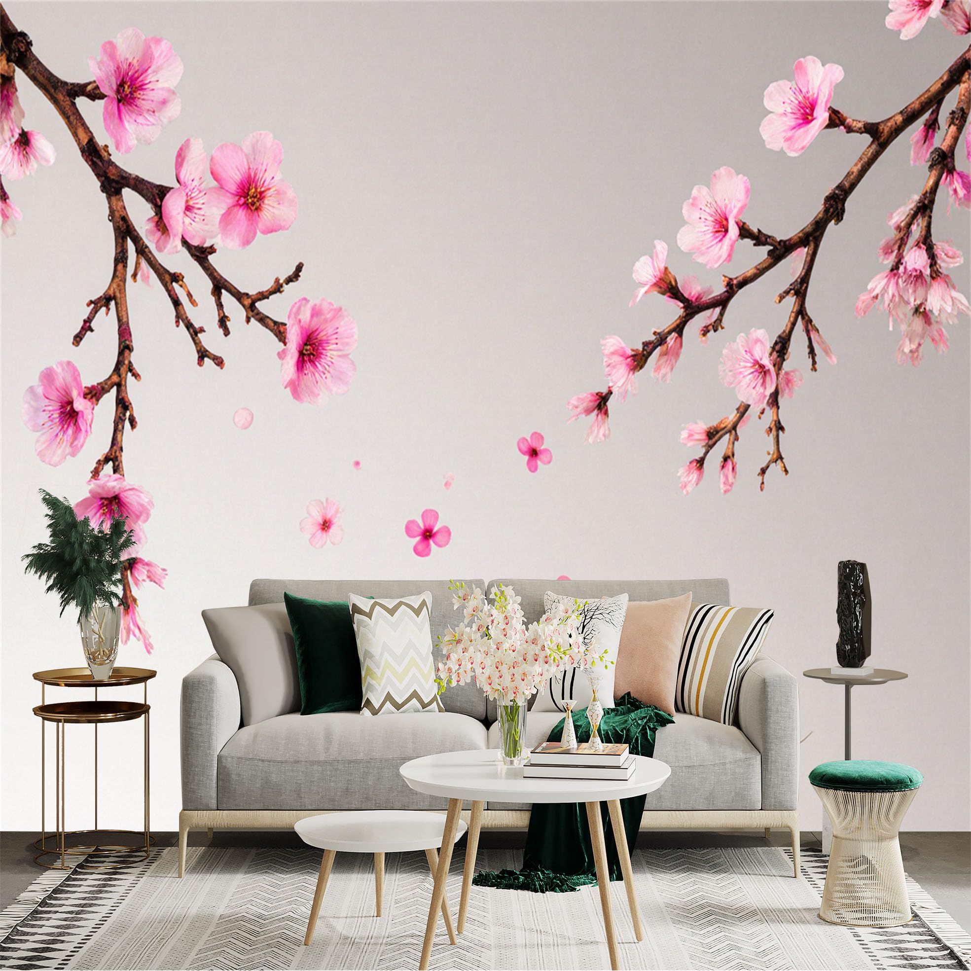 Custom Size Wall Sticker Mural， Pink Cherry Blossom Branches with Falling Petals， for wall Decoration， peelandstick wall Decals.